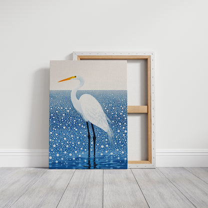 White Egret in Snowfall - Minimalist Bird Wall Art