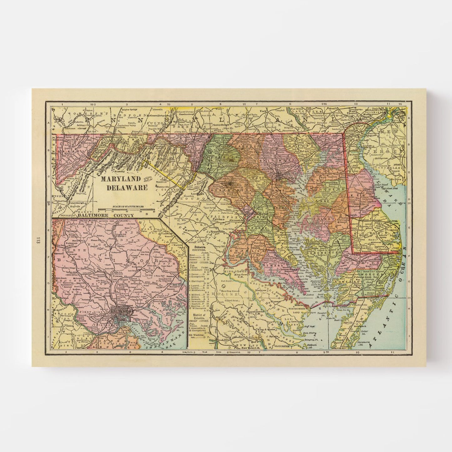 Vintage Map of Maryland and Delaware, 1909