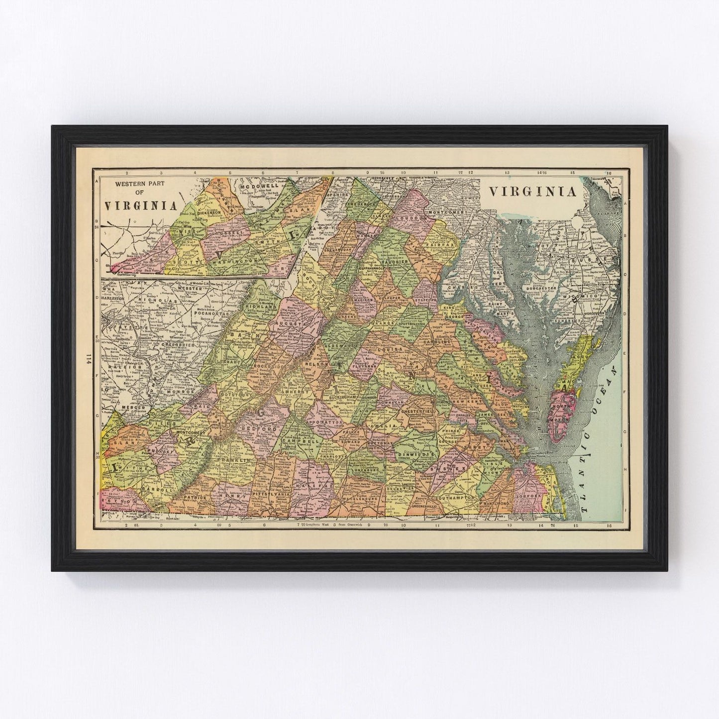 Vintage map of Virginia, 1909, digitally restored