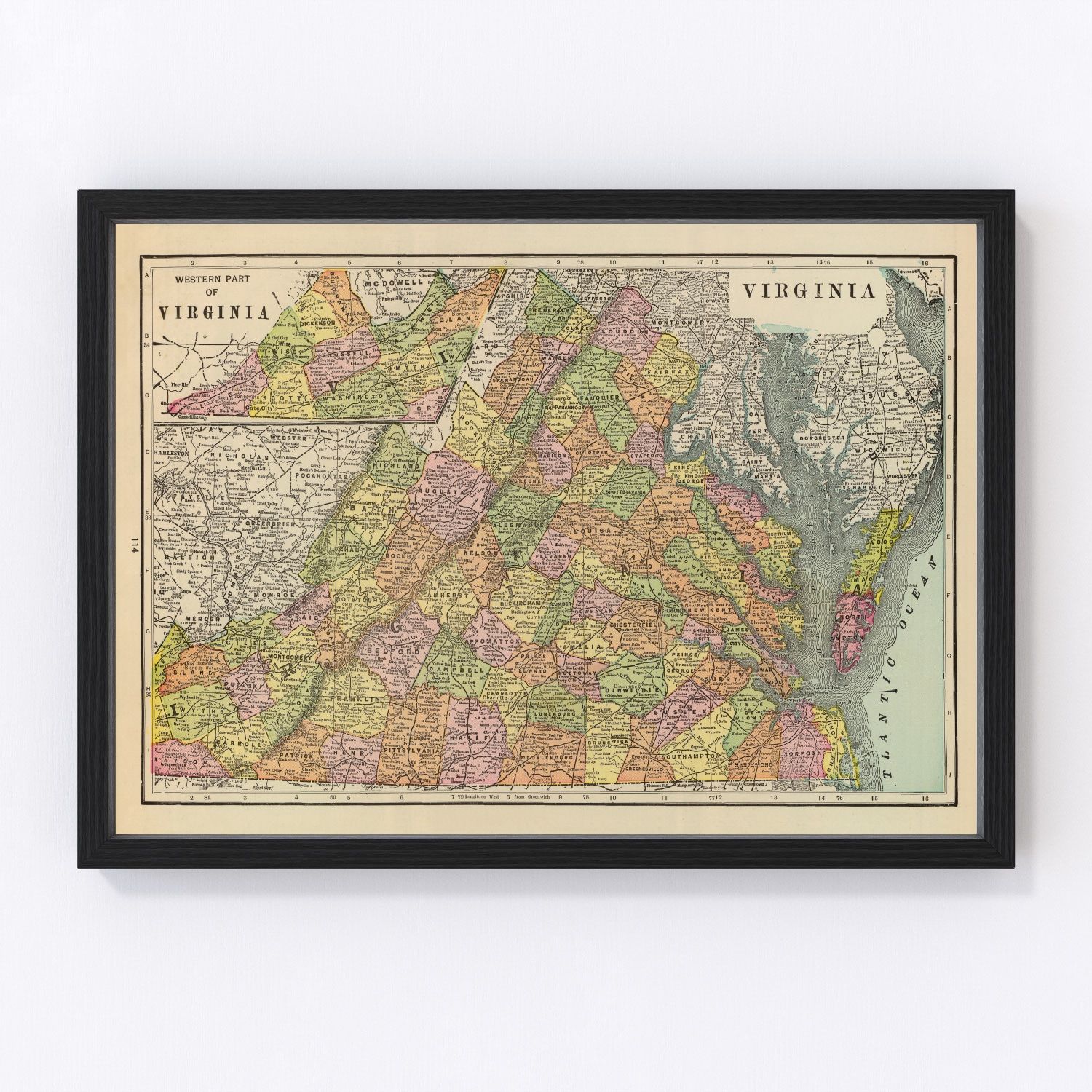 Vintage map of Virginia, 1909, digitally restored