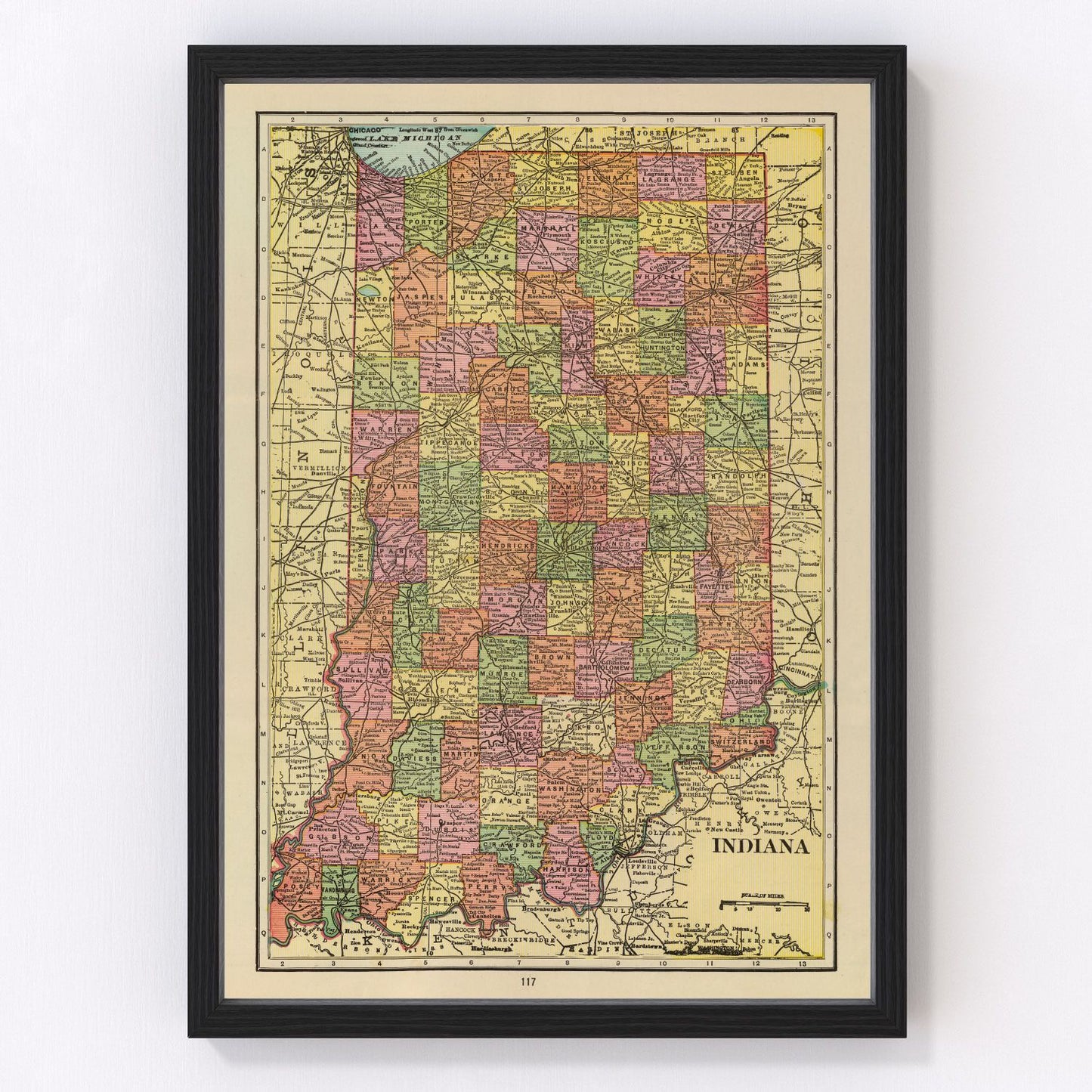 Vintage map of Indiana, 1909