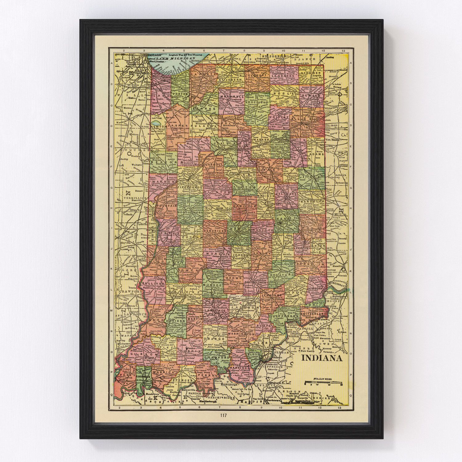 Vintage map of Indiana, 1909