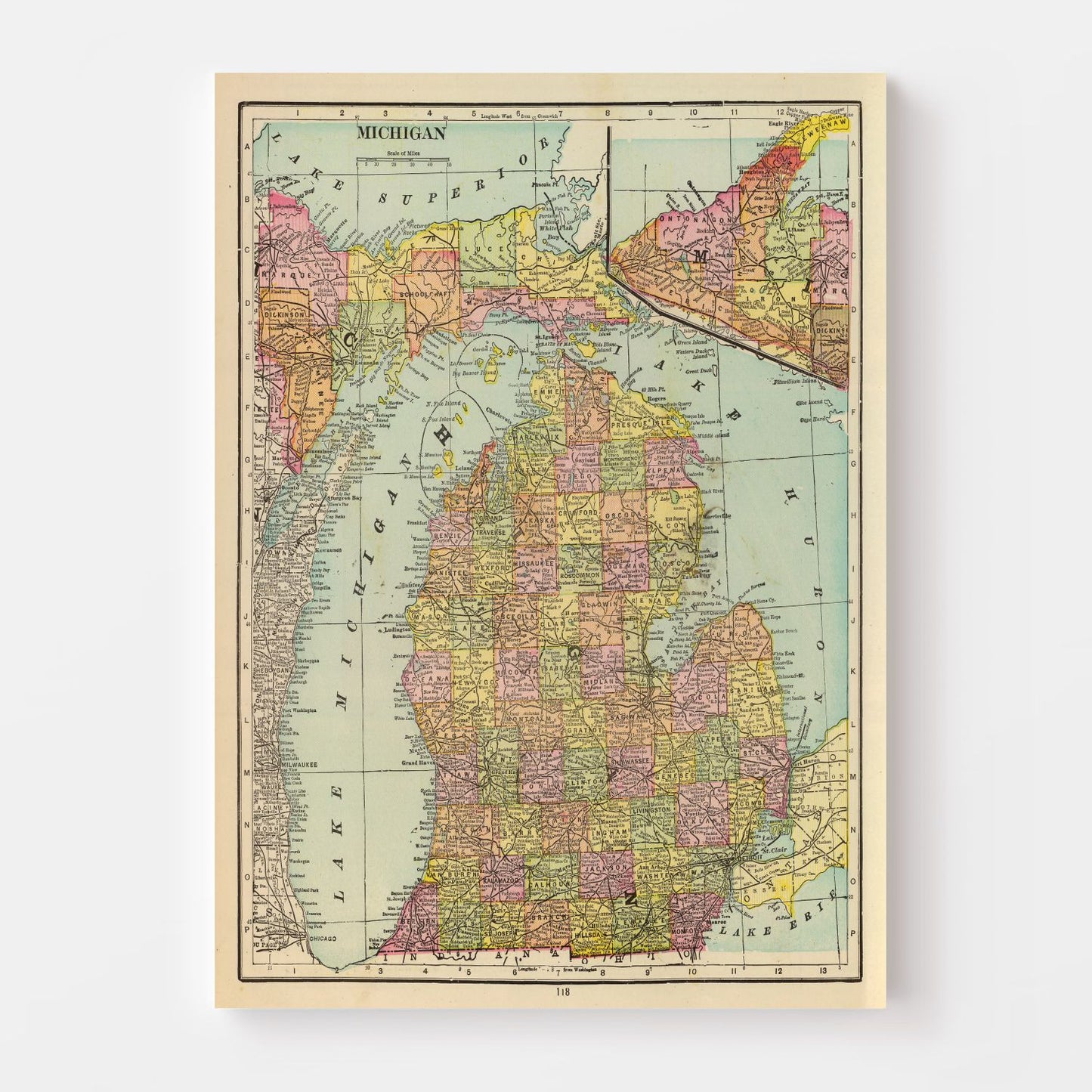 Vintage Map of Michigan, 1909