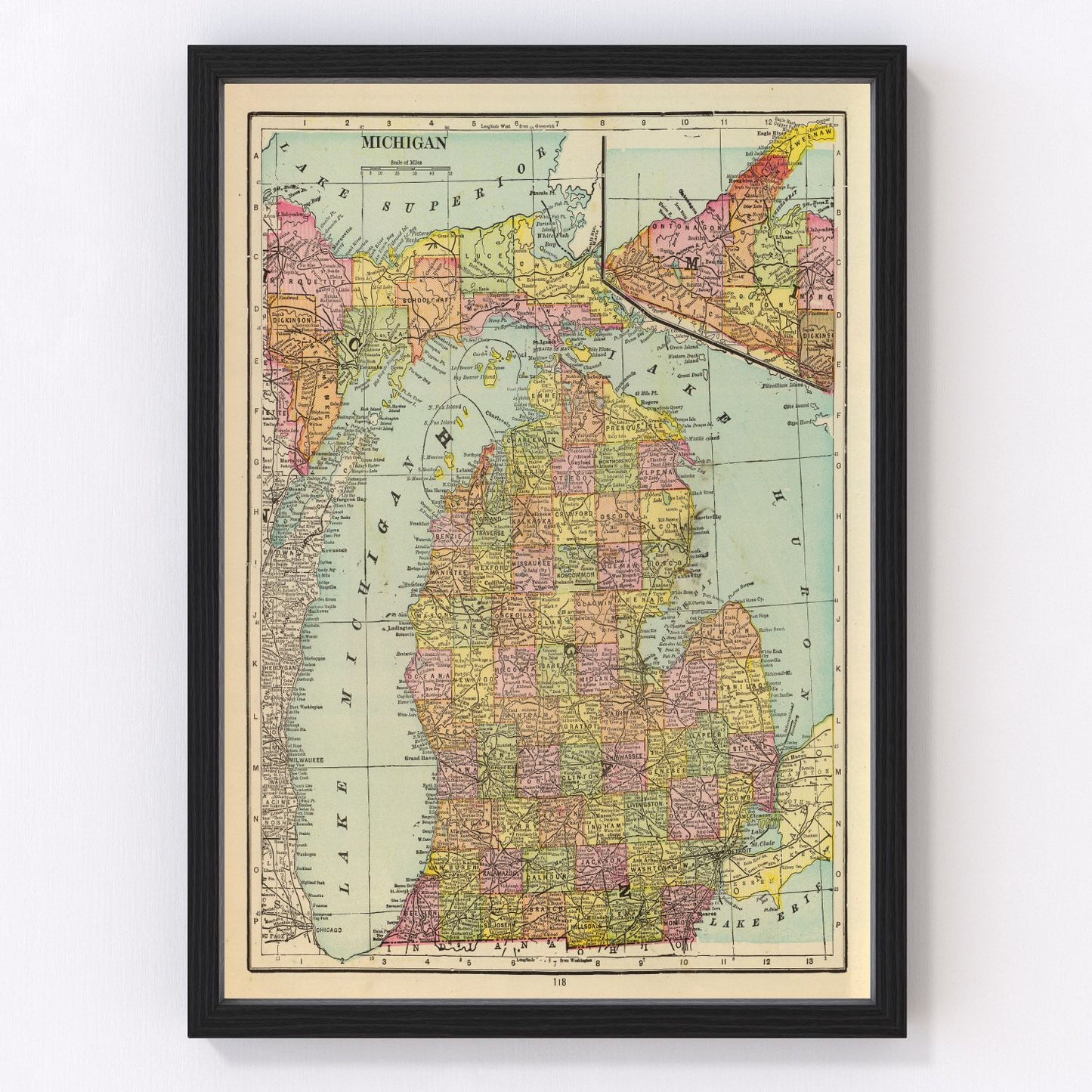 vintage map of Michigan, 1909