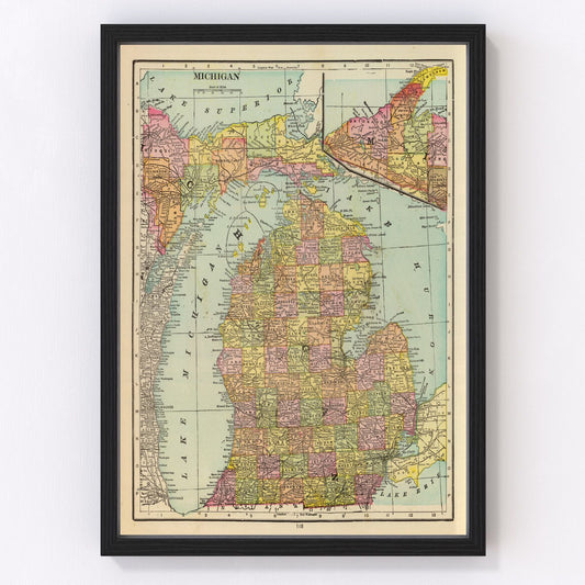 vintage map of Michigan, 1909