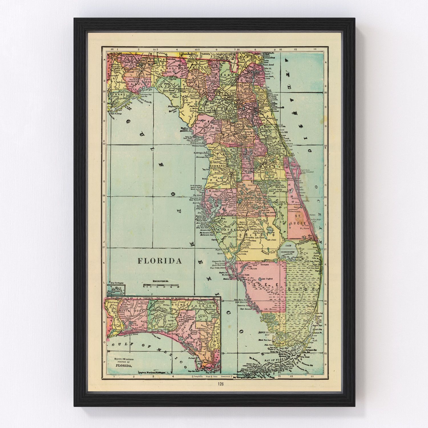 Vintage restored map of Florida, 1909, Edwardian-era development boom cartography