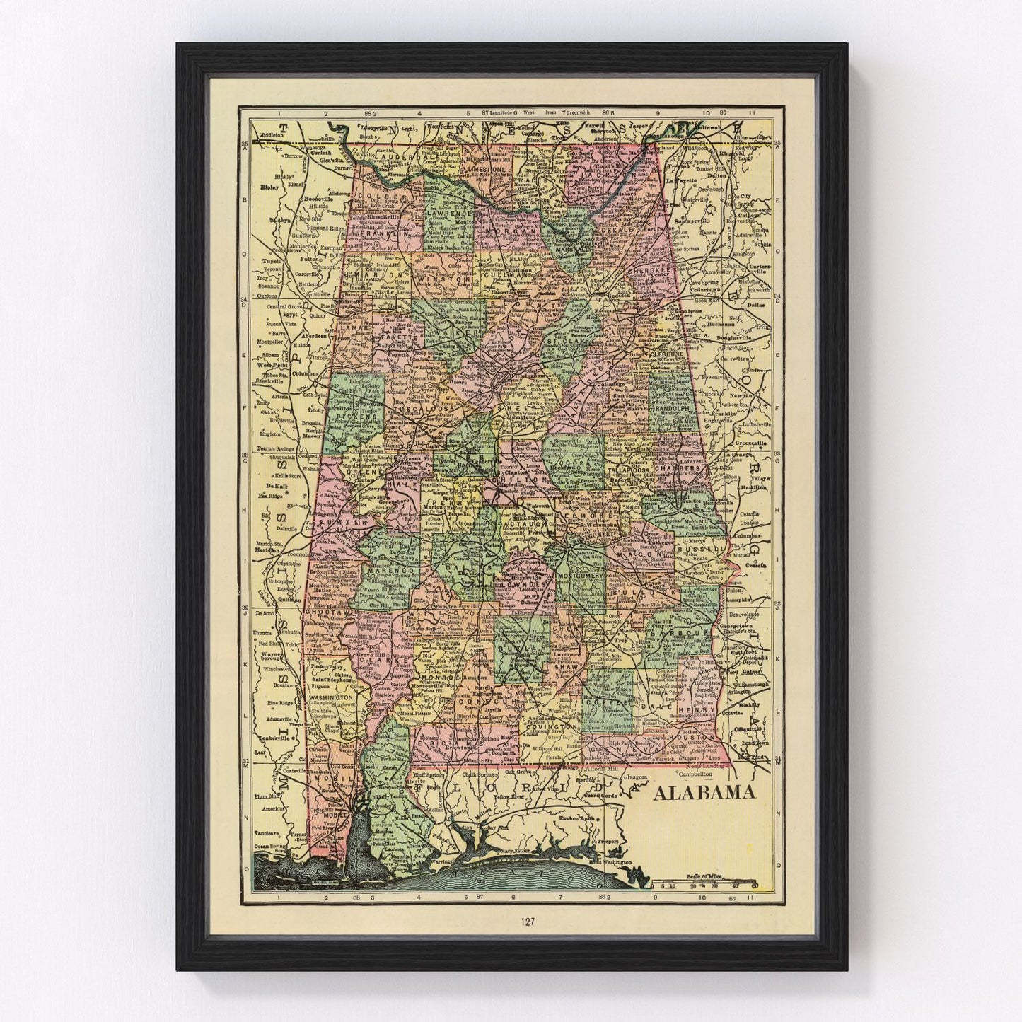 Vintage map of Alabama, 1909 - restored print