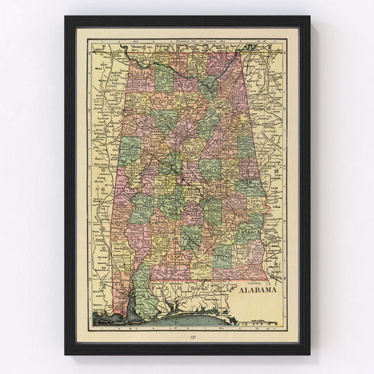 Vintage map of Alabama, 1909 - restored print