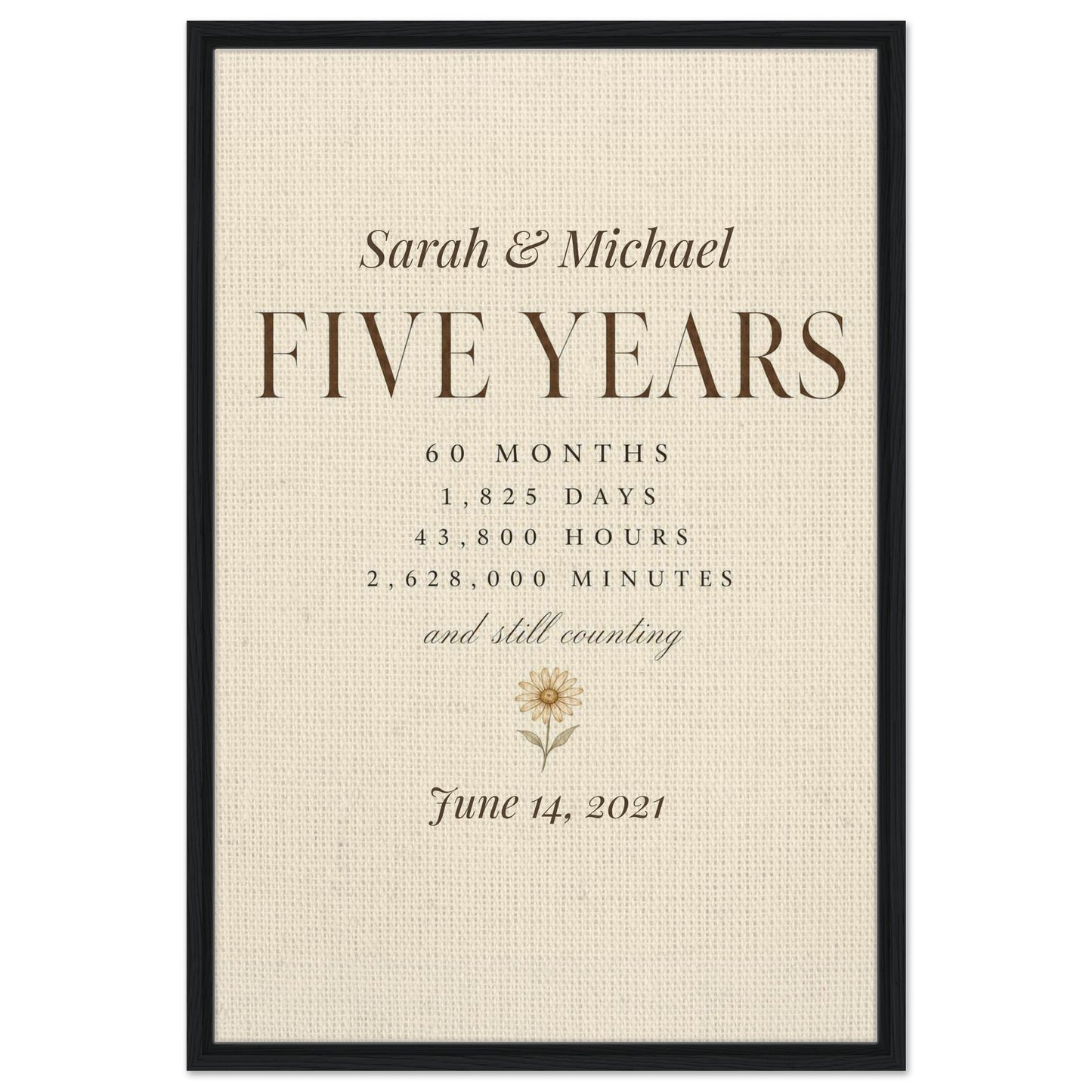Personalized 5 Year Anniversary Canvas displayed on a wall