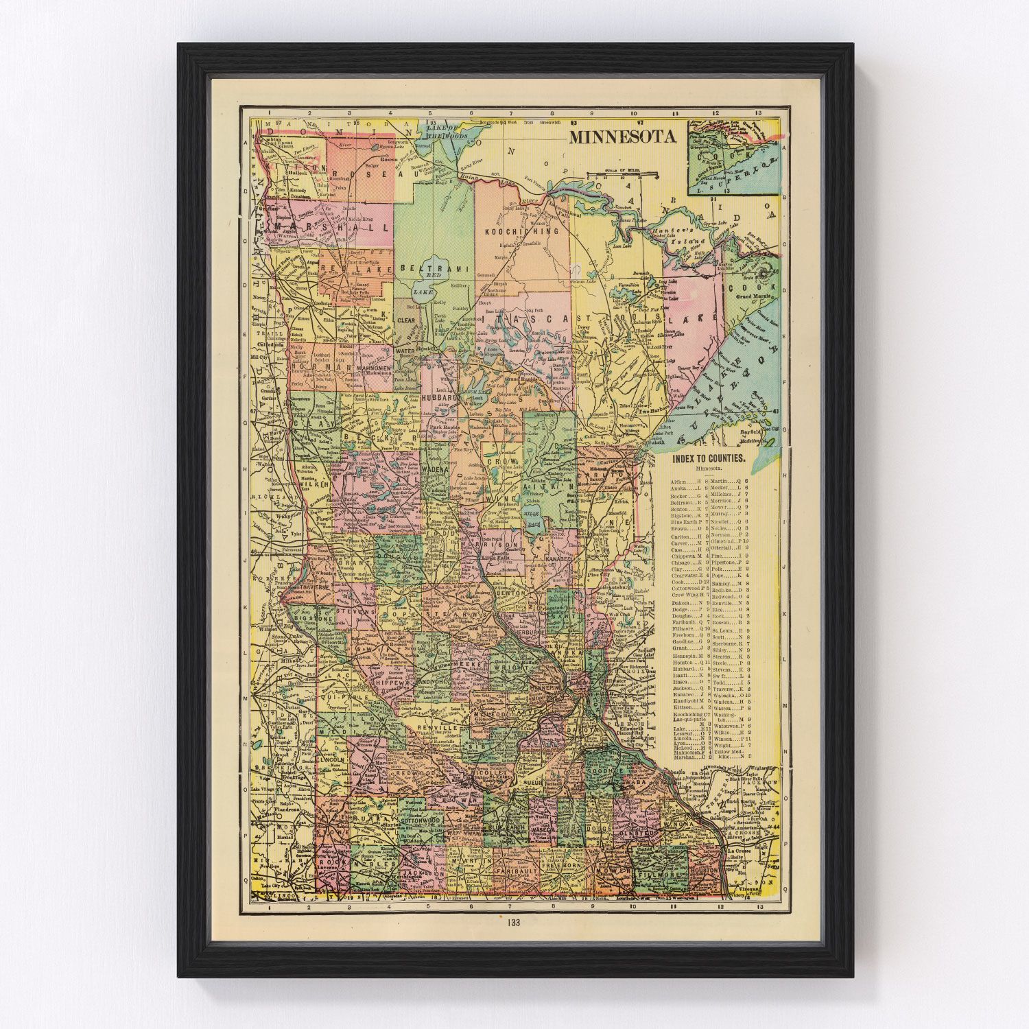 vintage map of Minnesota, 1909