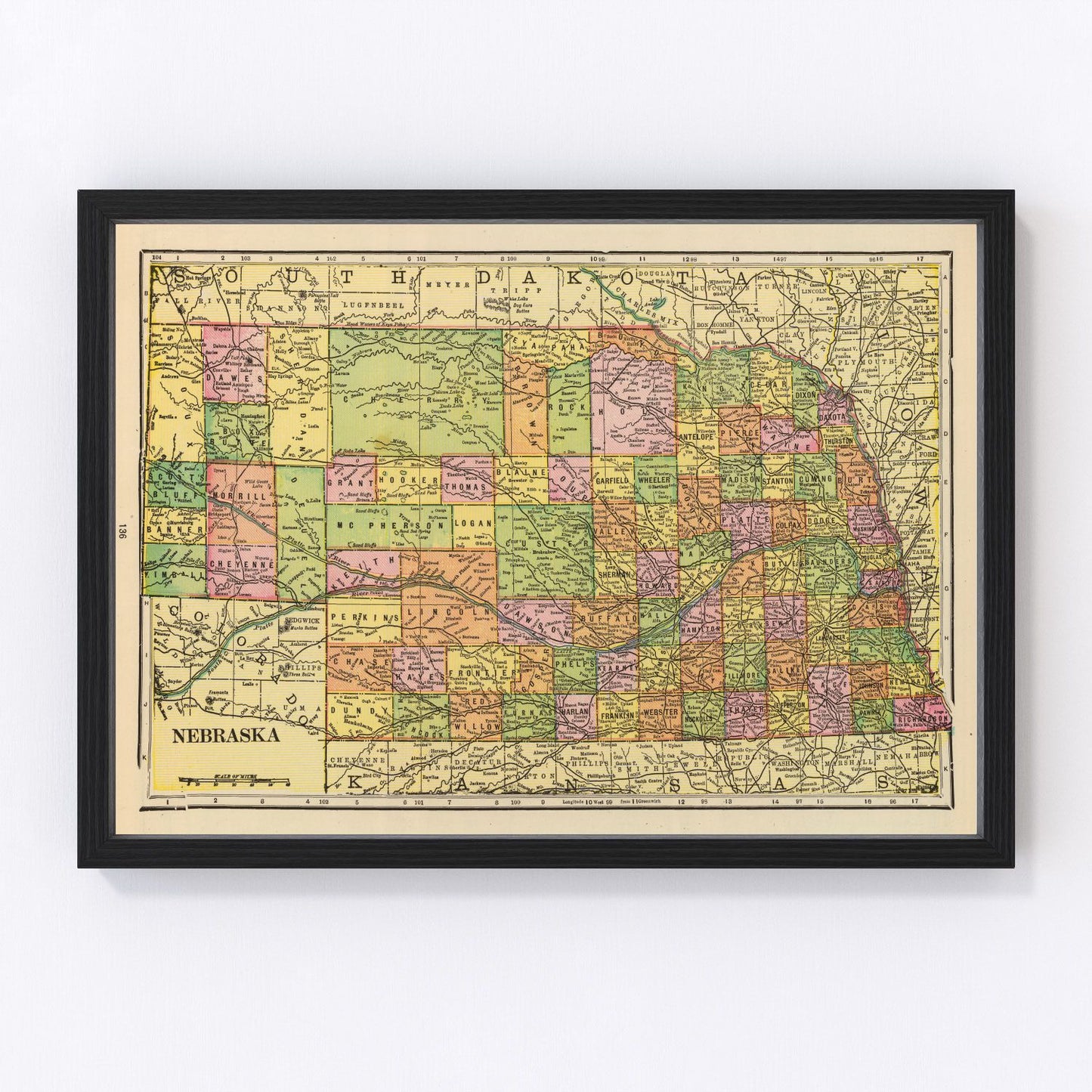 Vintage map of Nebraska, 1909