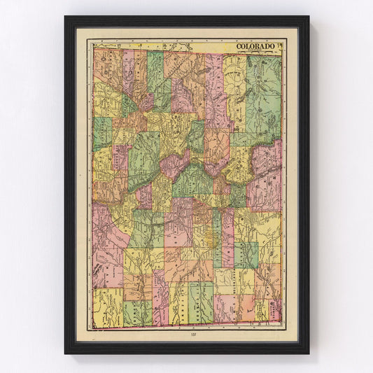 Vintage restored map of Colorado, 1909, Edwardian-era rail and mining towns