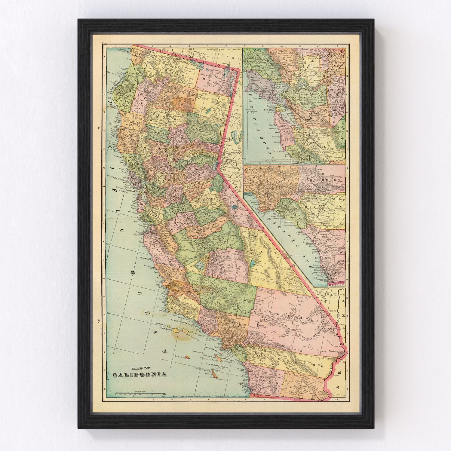 Vintage map of California, 1909, progressive era restored print
