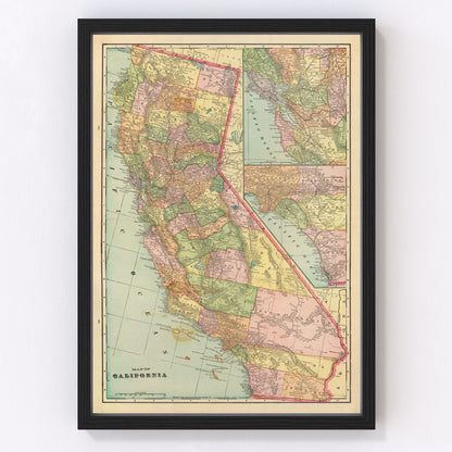 Vintage map of California, 1909, progressive era restored print