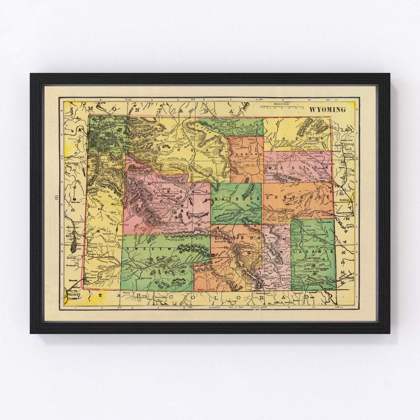 Vintage map of Wyoming state, 1909, early 20th century restored