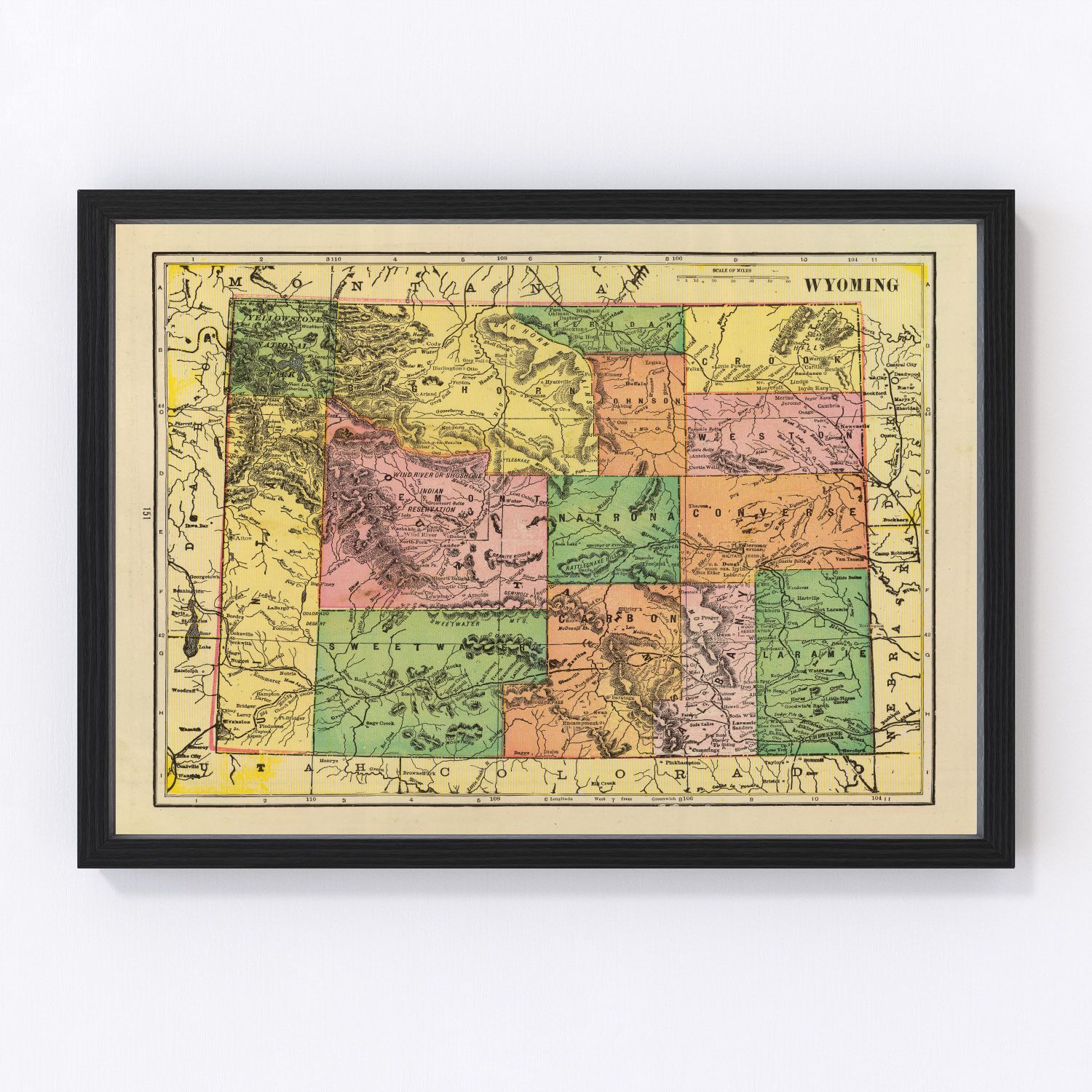 Vintage map of Wyoming state, 1909, early 20th century restored