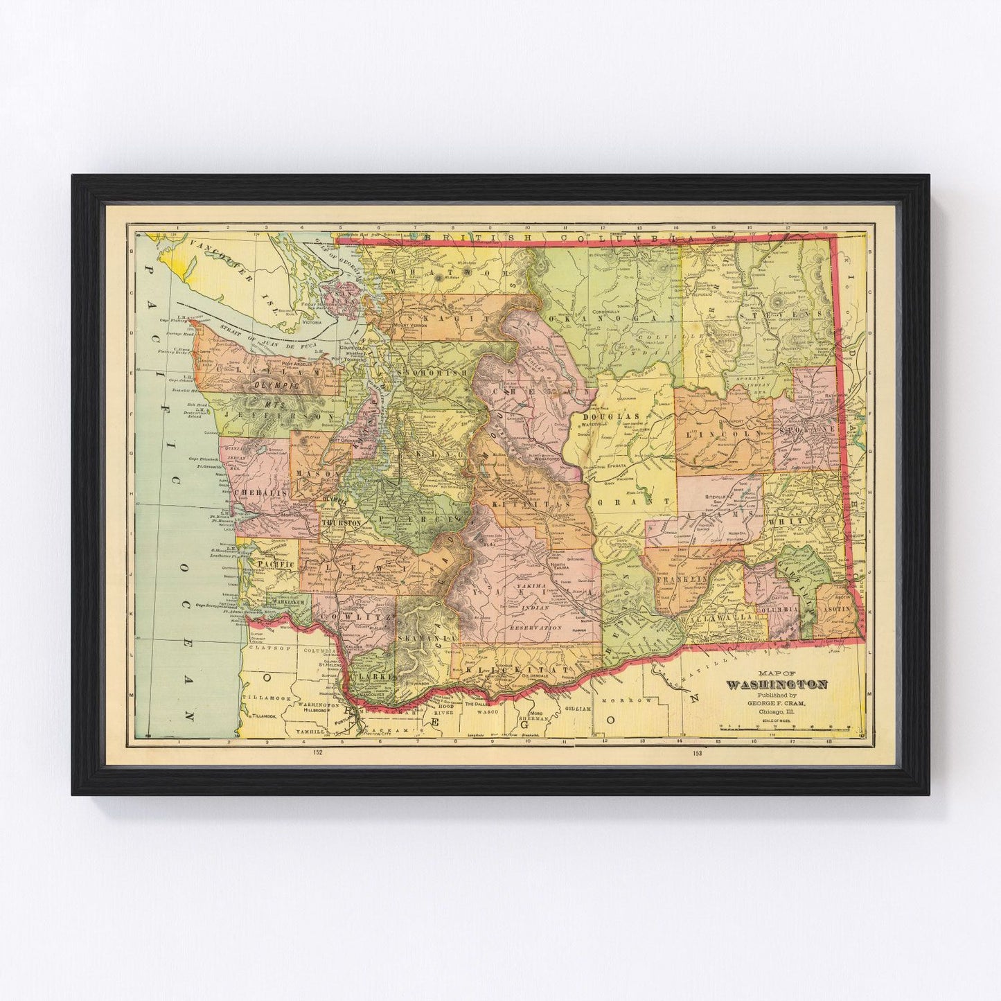 Vintage map of Washington State, 1909, Edition I, showing Pacific Northwest counties and railroads