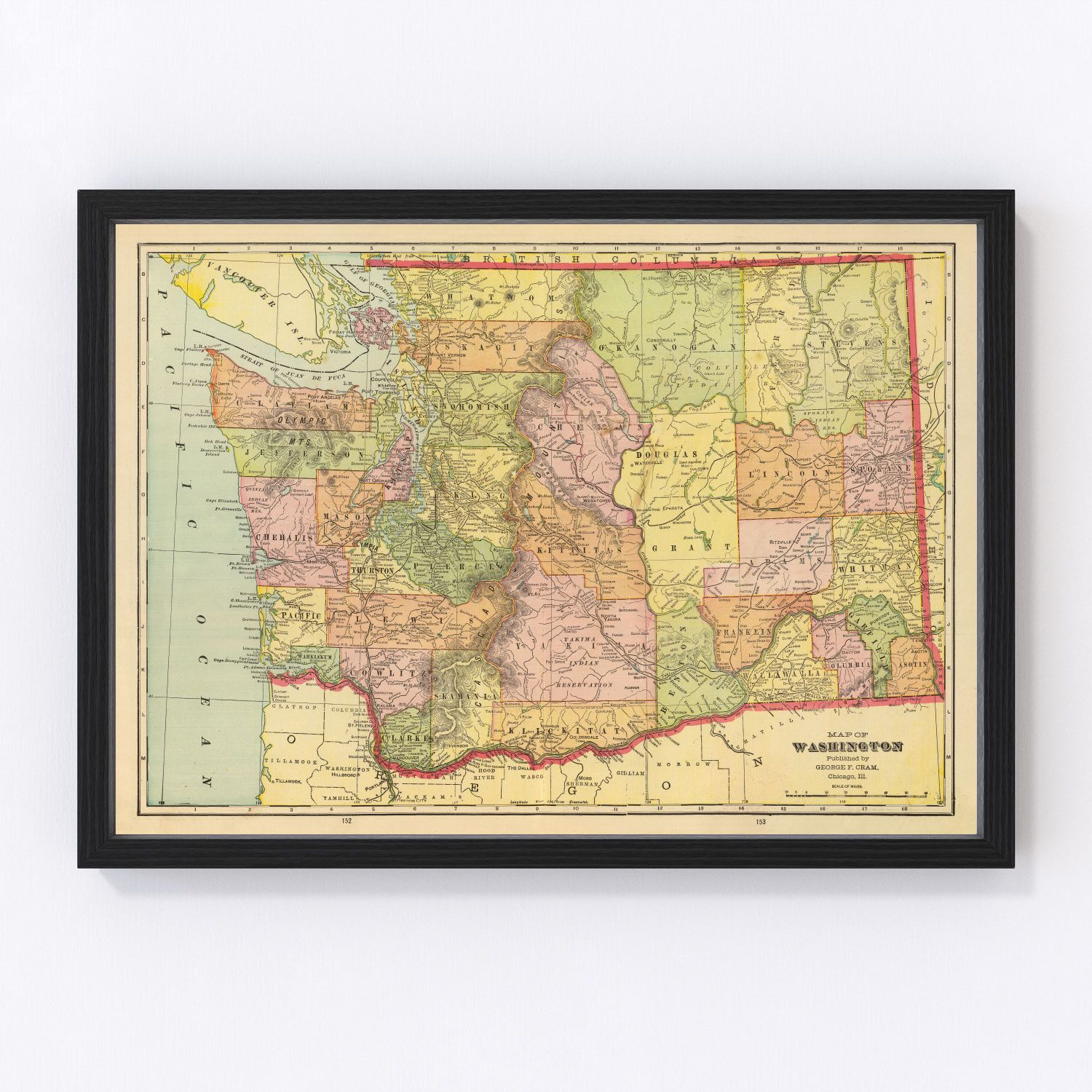 Vintage map of Washington State, 1909, Edition I, showing Pacific Northwest counties and railroads