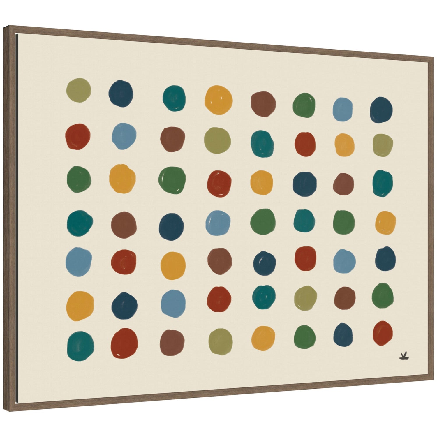 Abstract Meditation No. 3 framed canvas wall art, grid of colorful dots, walnut float frame