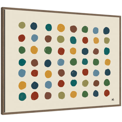 Abstract Meditation No. 3 framed canvas wall art, grid of colorful dots, walnut float frame