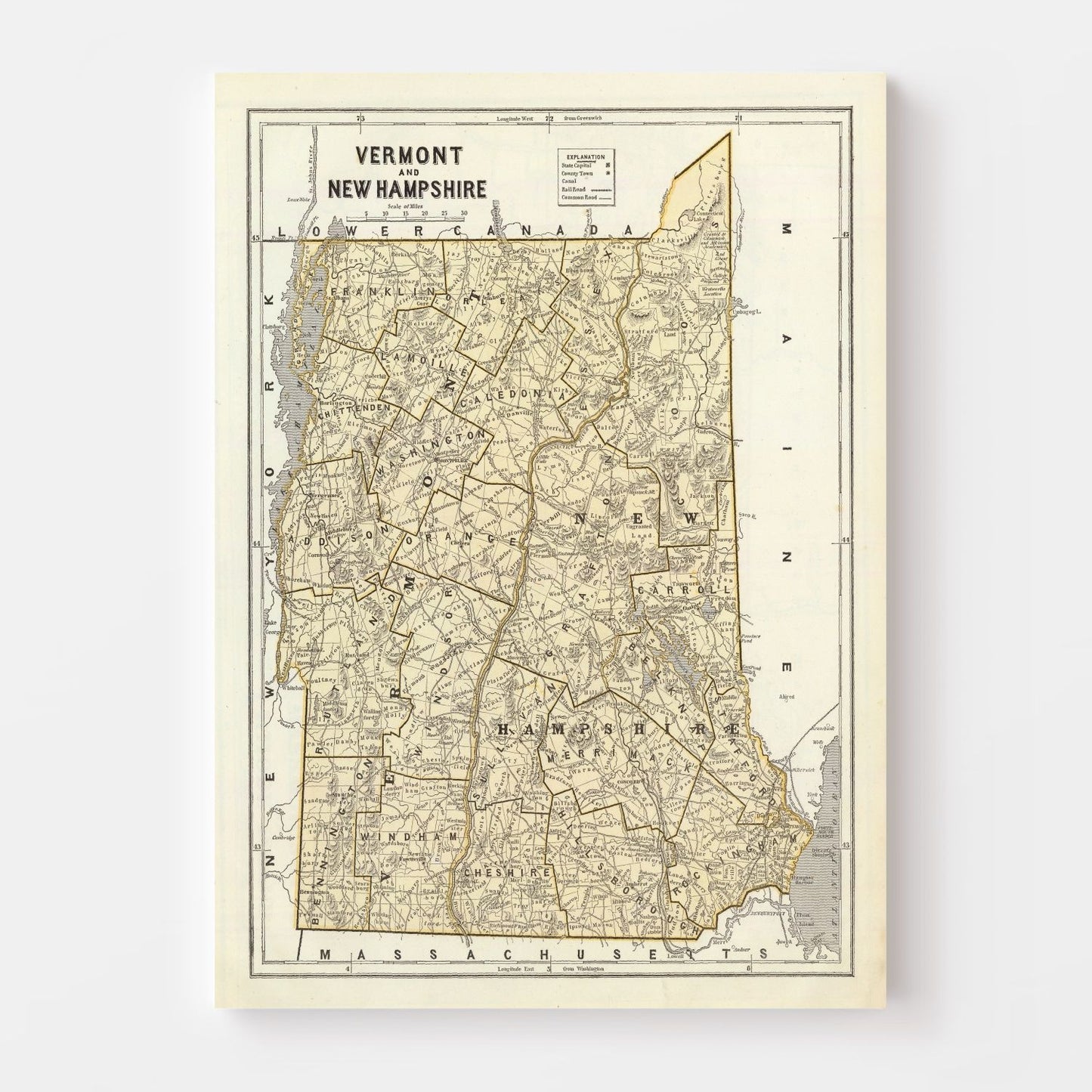 Vintage Map of Vermont & New Hampshire, 1842