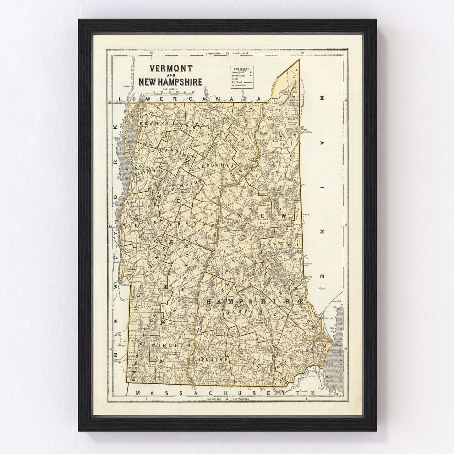 Vintage map of Vermont and New Hampshire, 1842