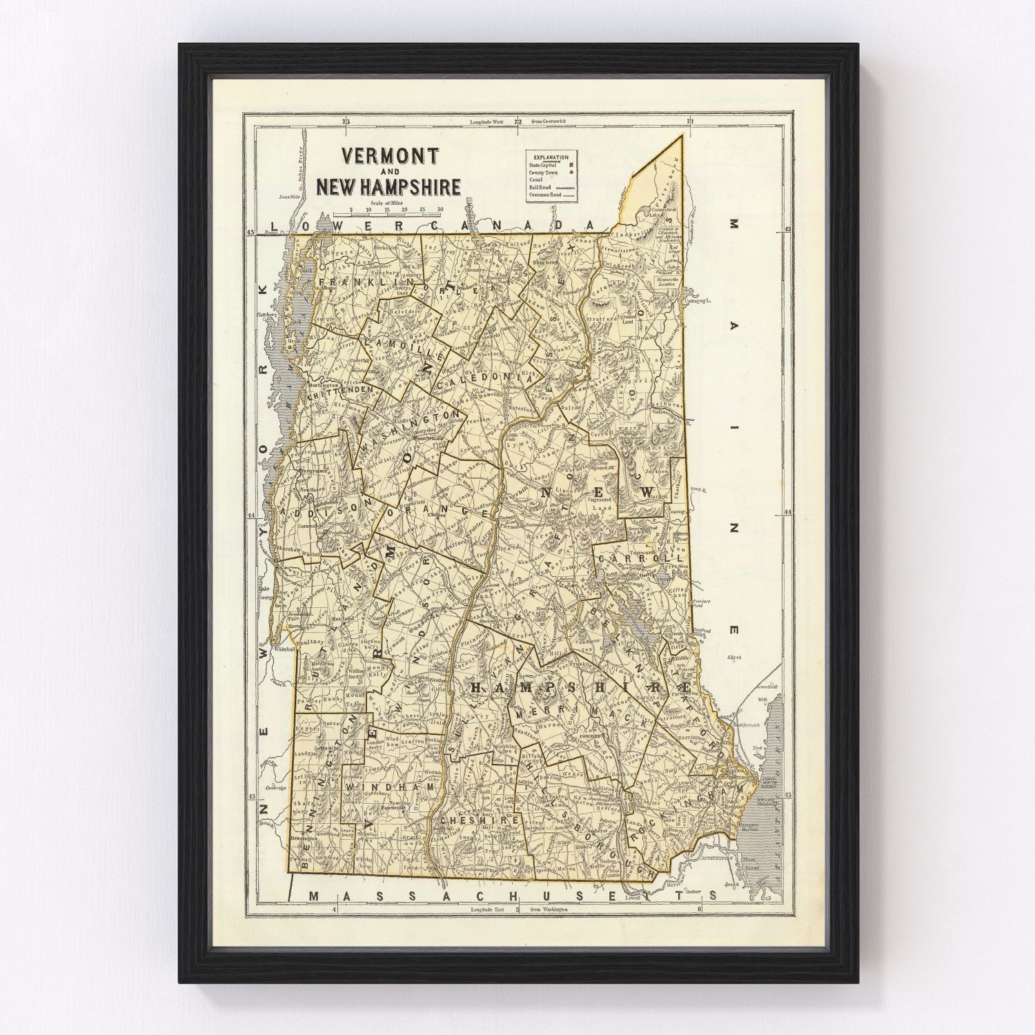 Vintage map of Vermont and New Hampshire, 1842