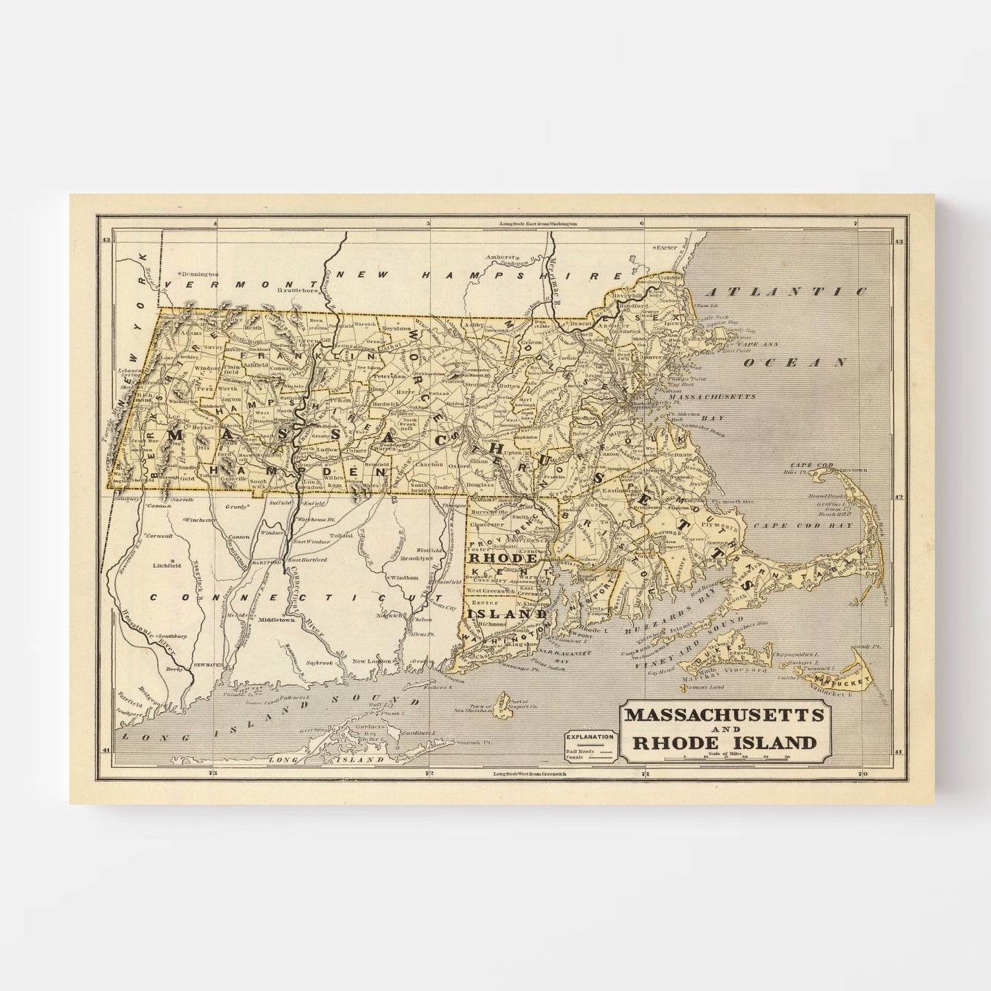 Vintage Map of Massachusetts and Rhode Island, 1842