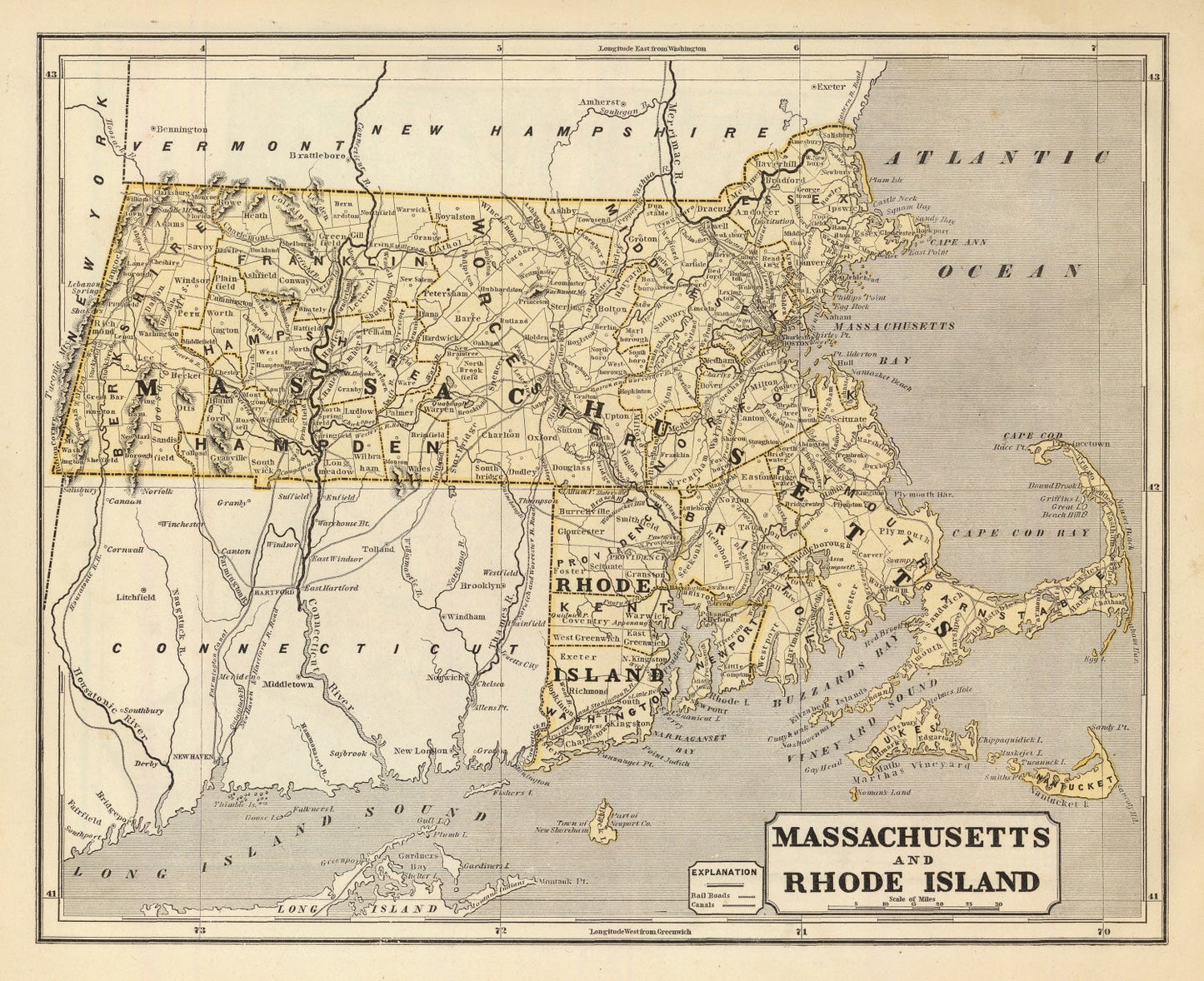 Vintage Map of Massachusetts and Rhode Island, 1842