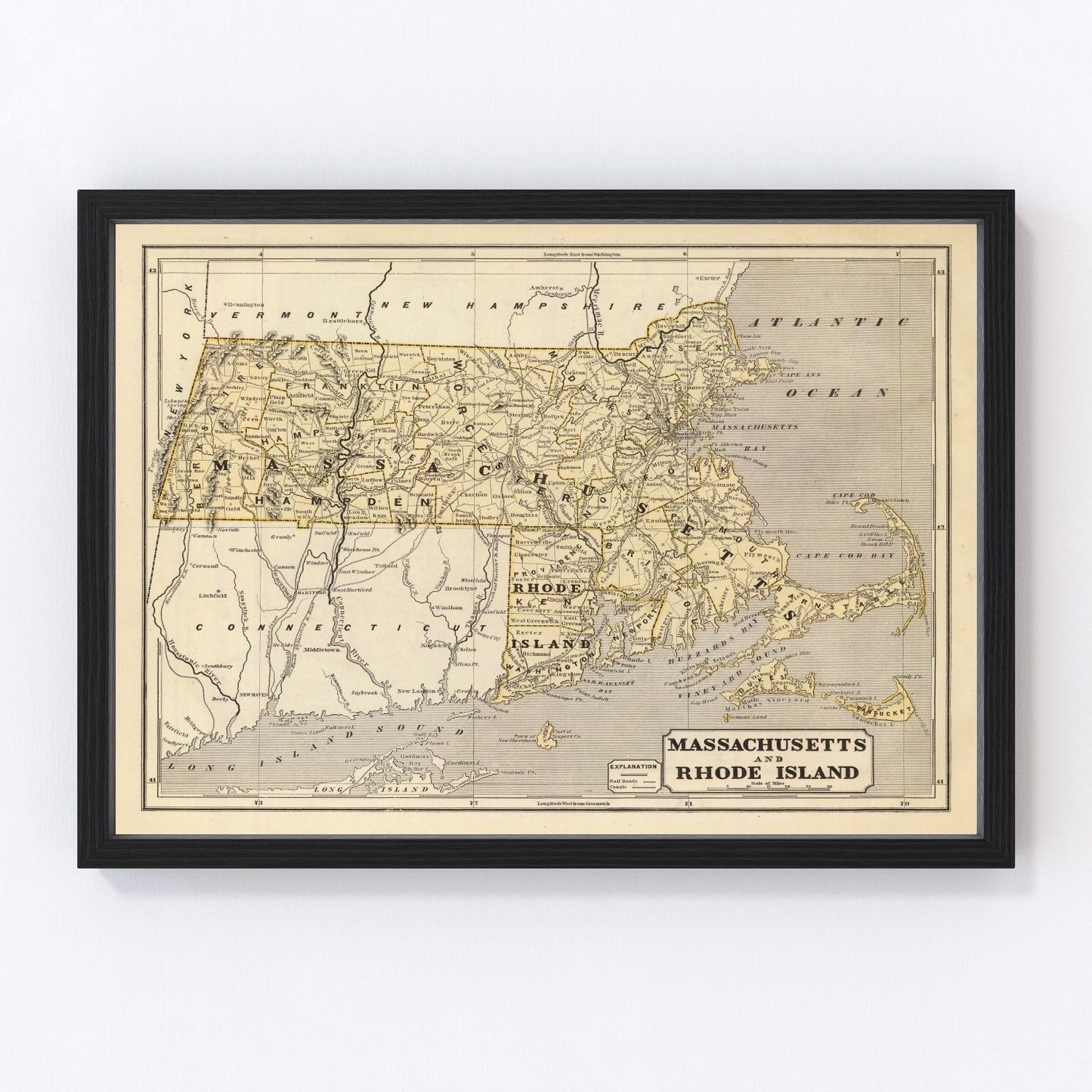 Vintage map of Massachusetts and Rhode Island, 1842