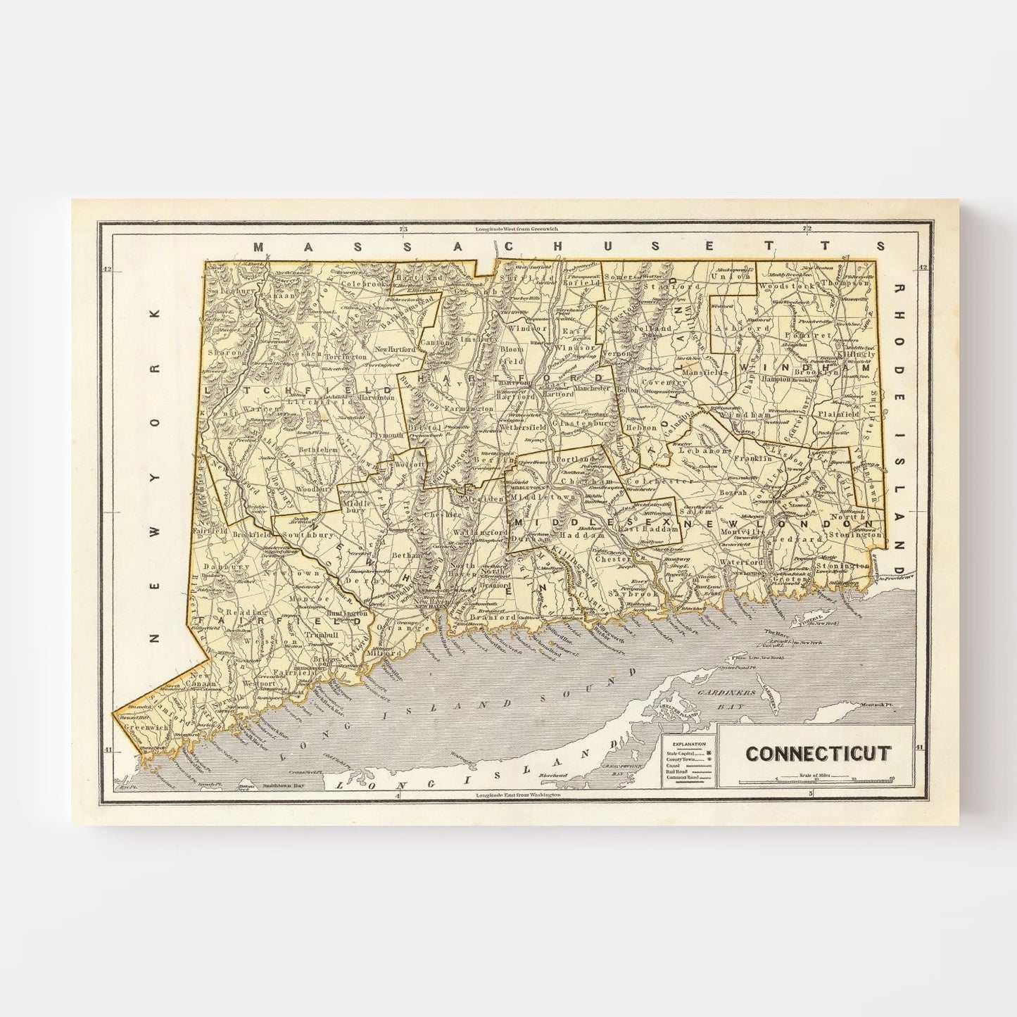 Vintage Map of Connecticut, 1842
