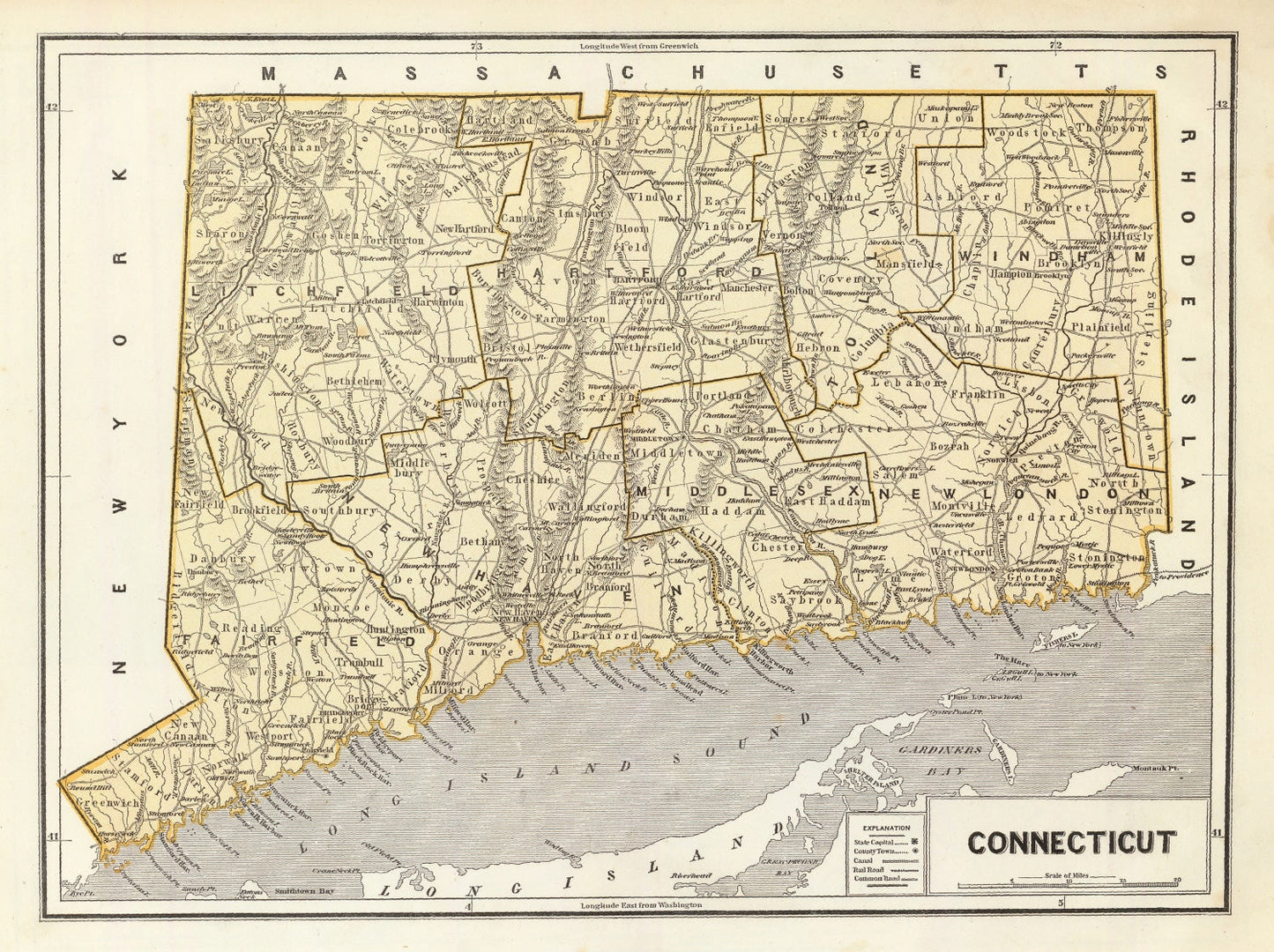 Vintage Map of Connecticut, 1842