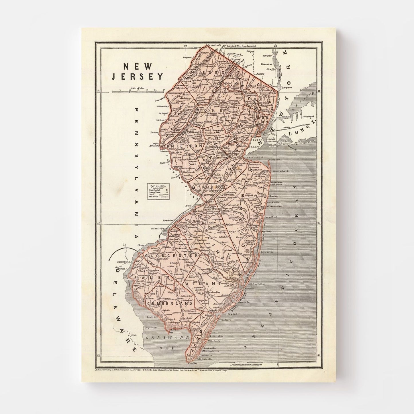 Vintage Map of New Jersey, 1842