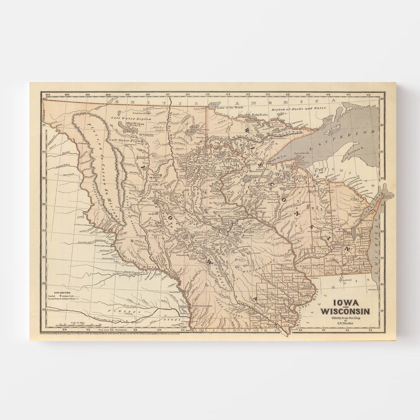 Vintage Map of Iowa and Wisconsin, 1842