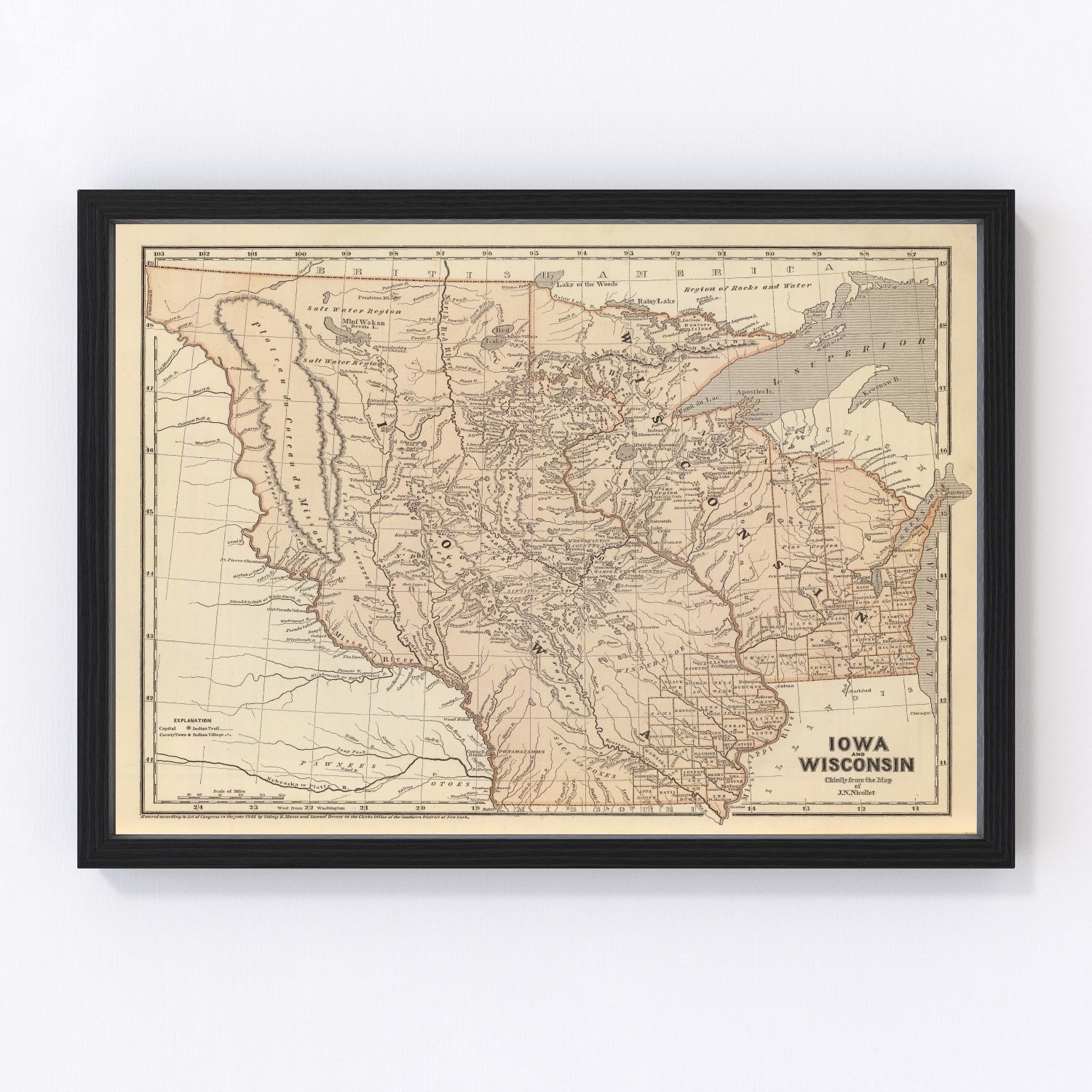 Vintage map of Iowa and Wisconsin, 1842