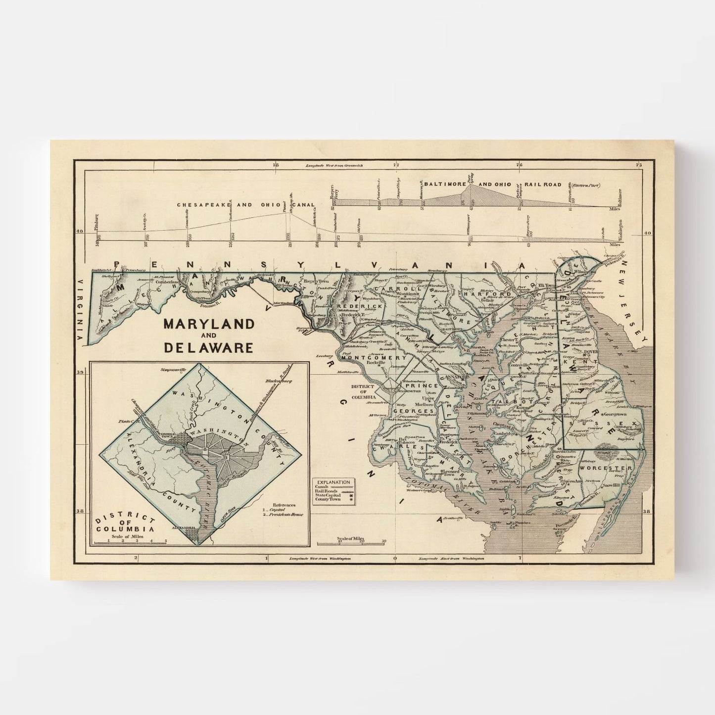 Vintage Map of Maryland & Delaware, 1842