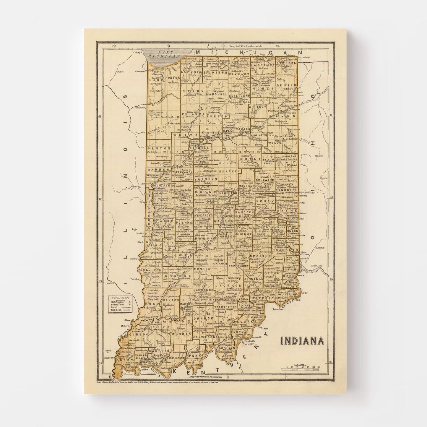 Vintage Map of Indiana, 1842