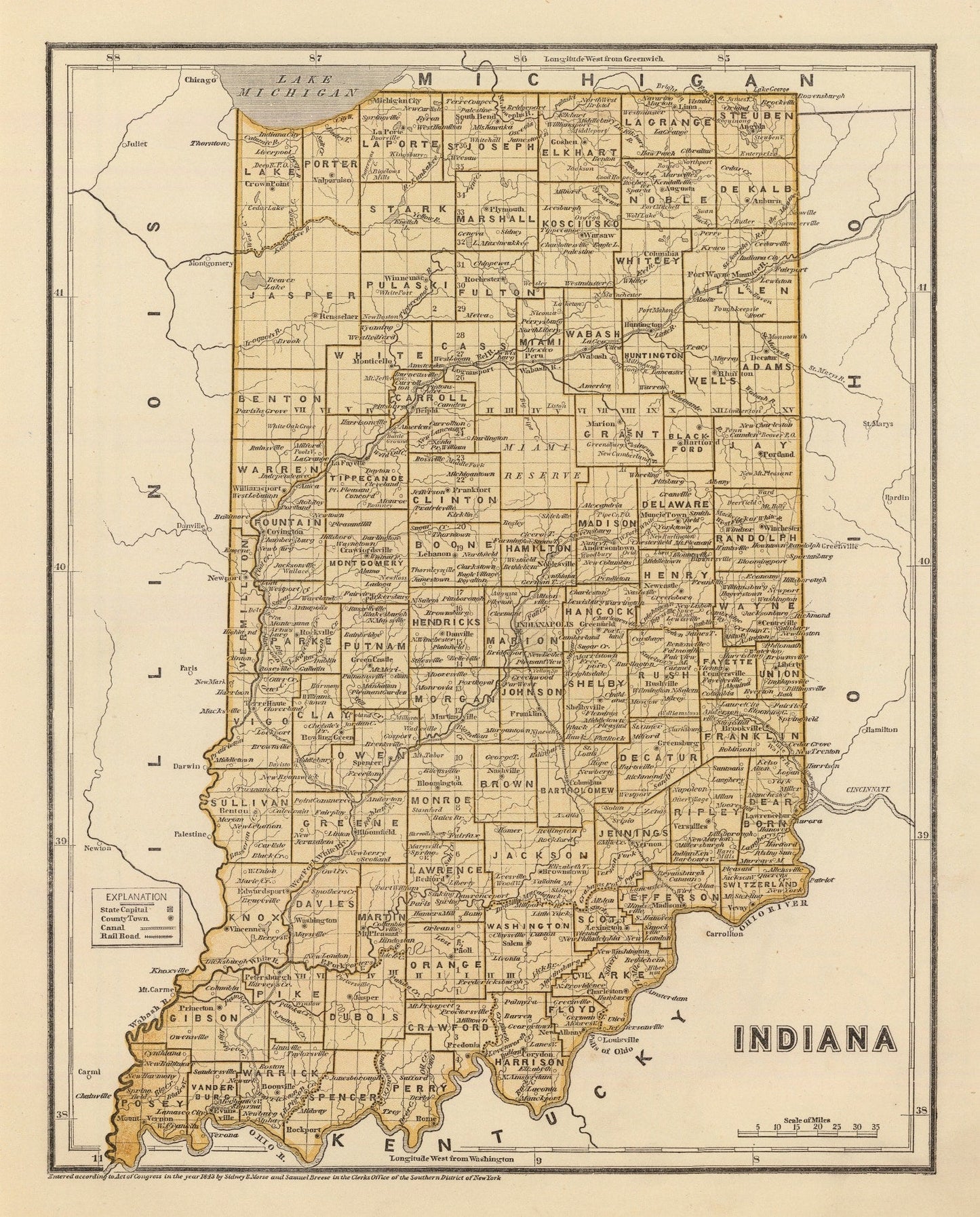 Vintage Map of Indiana, 1842