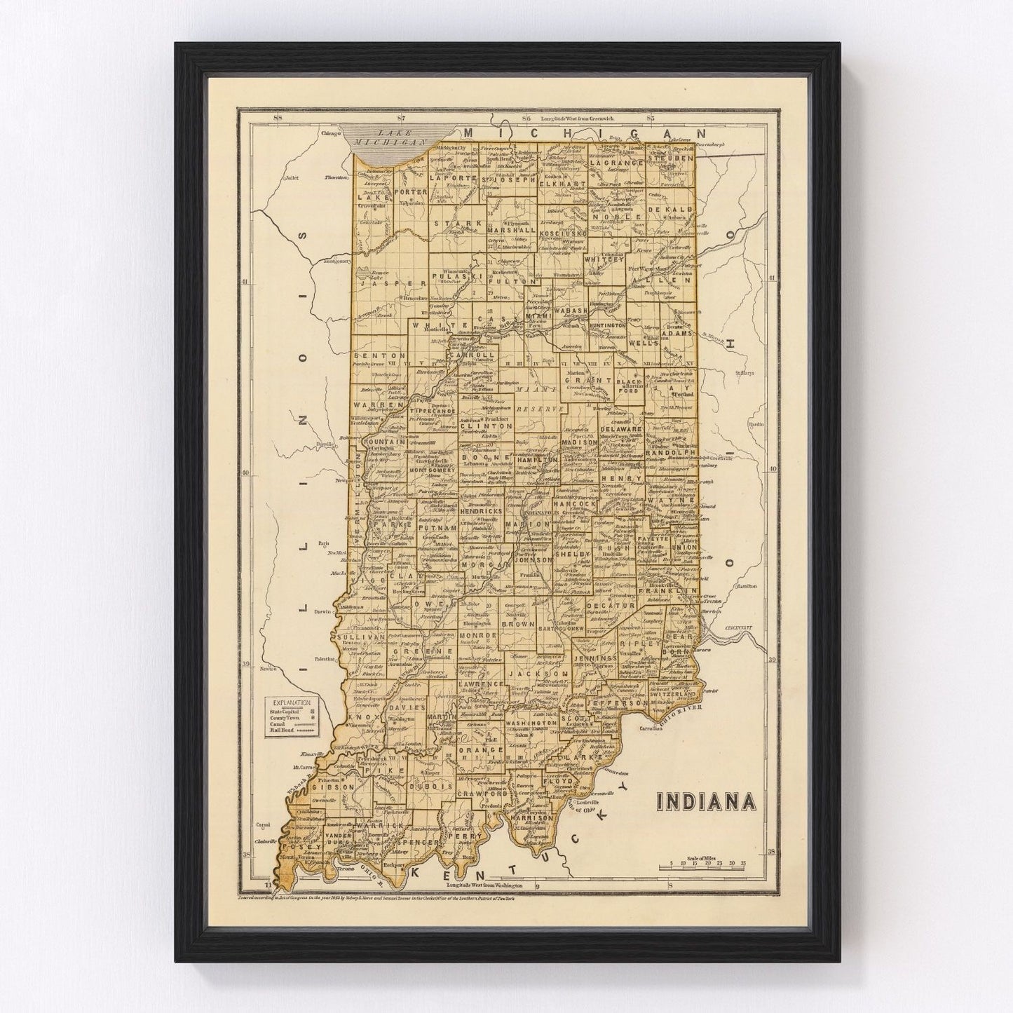 Vintage map of Indiana, 1842