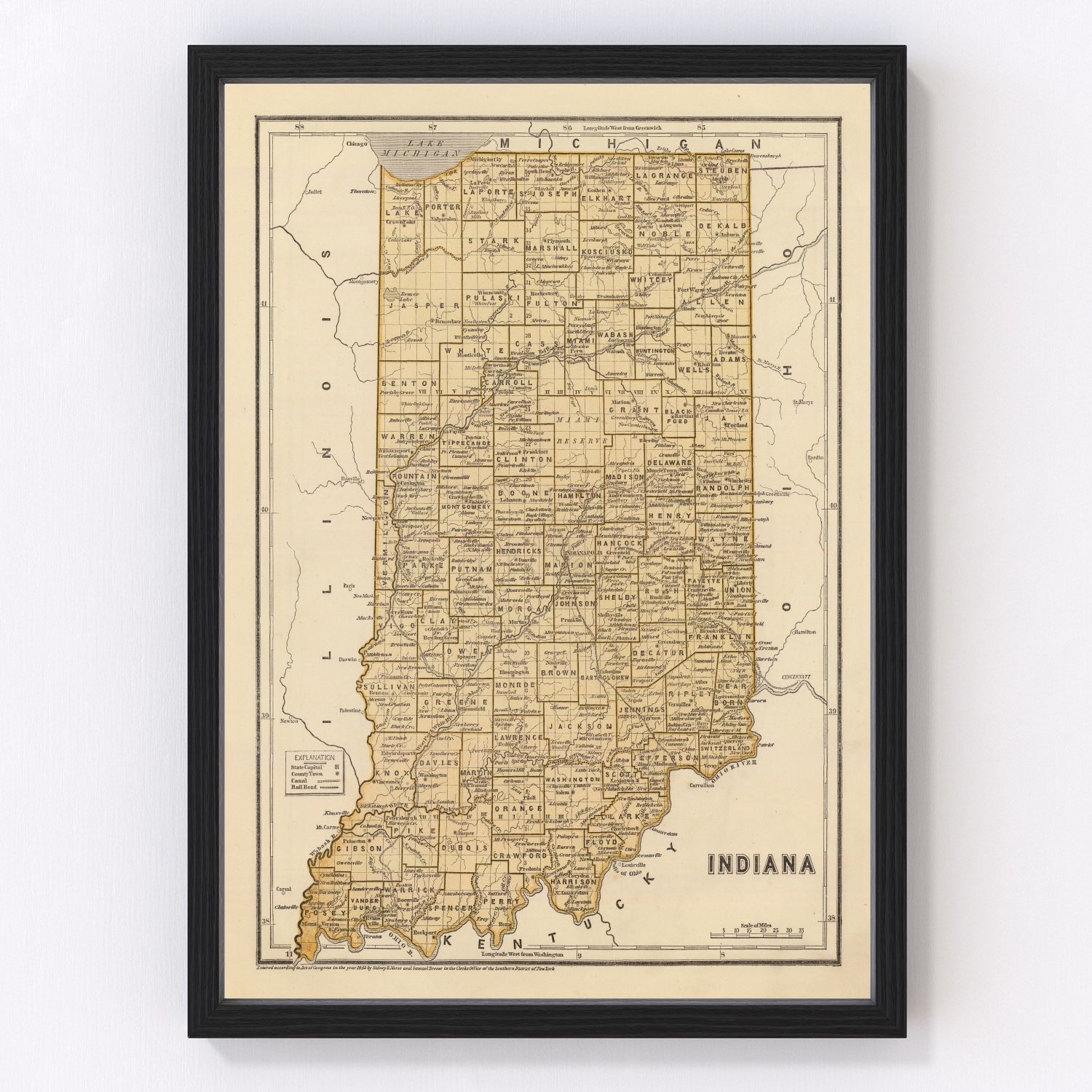 Vintage map of Indiana, 1842