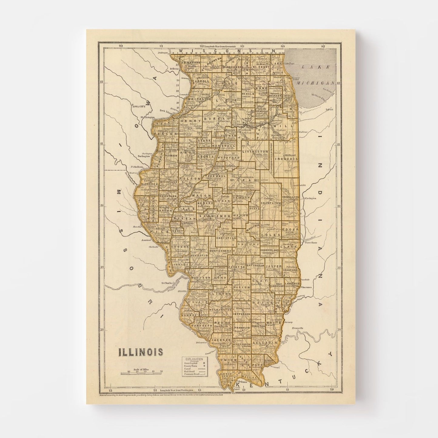 Vintage Map of Illinois, 1842