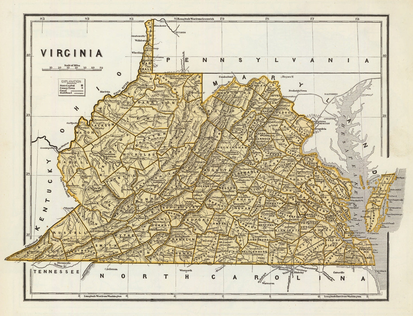 Vintage Map of Virginia, 1842