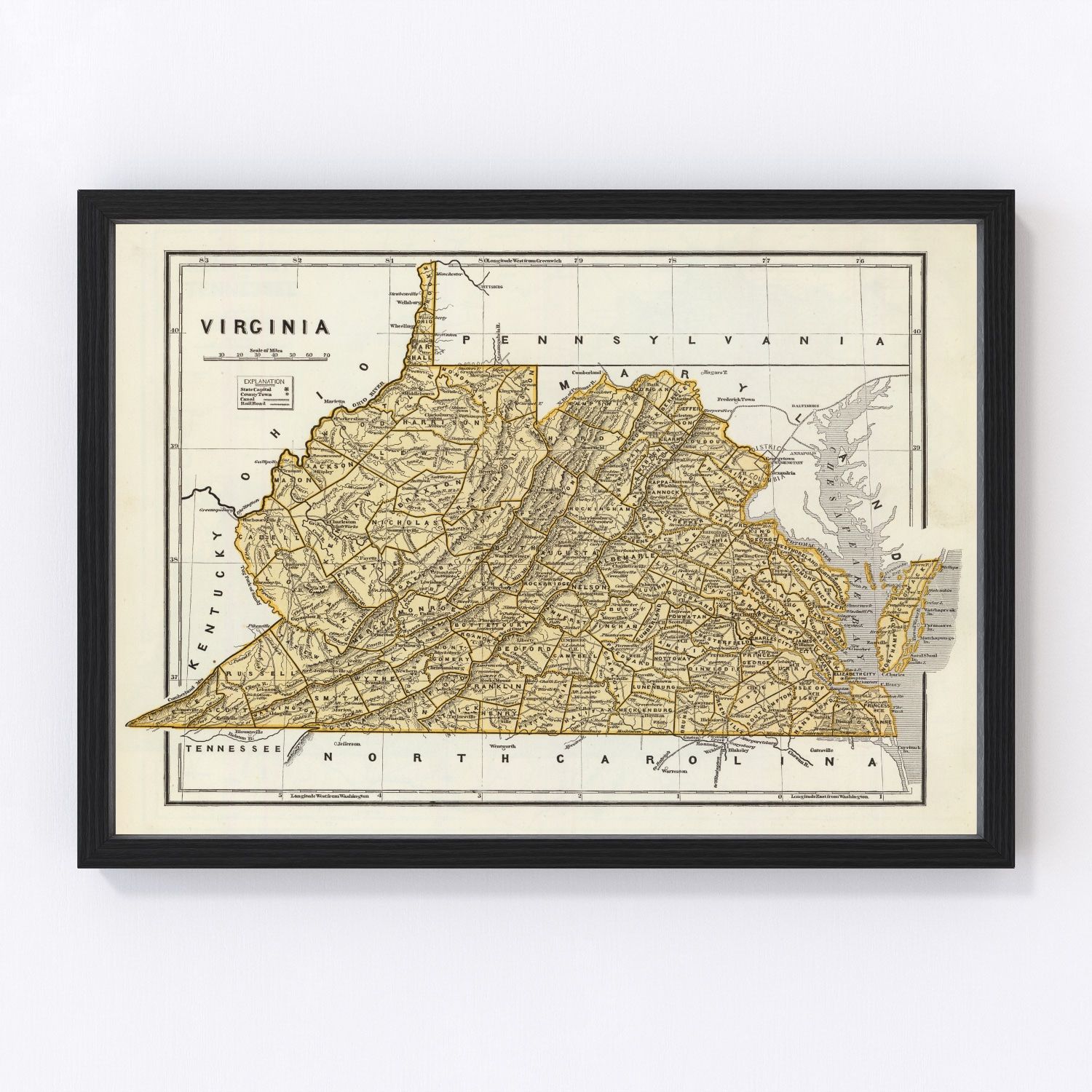 Vintage map of Virginia, 1842, digitally restored