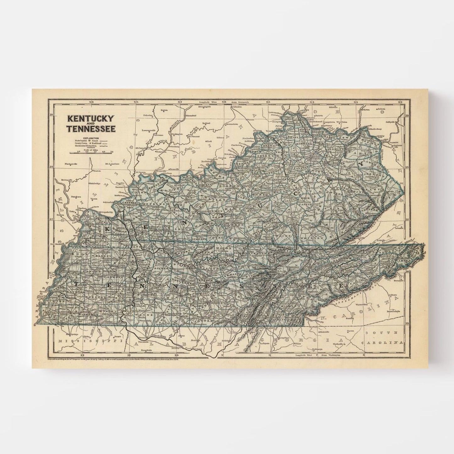 Vintage Map of Kentucky and Tennessee, 1842