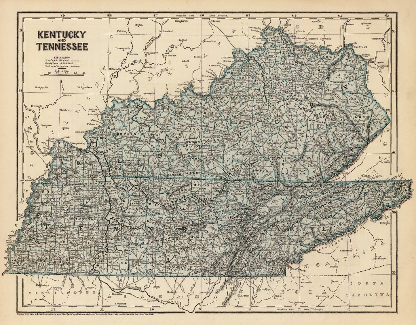 Vintage Map of Kentucky and Tennessee, 1842