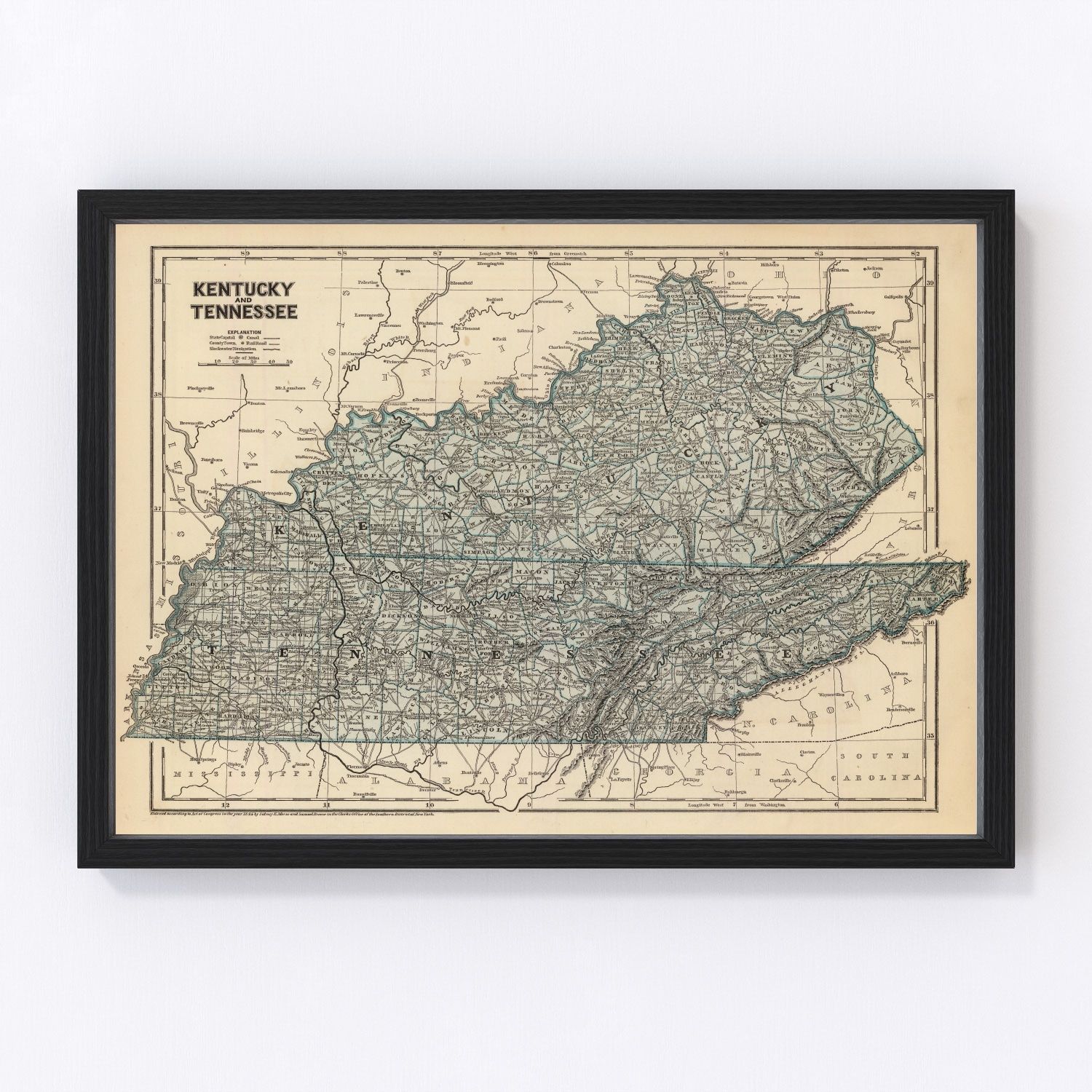 Vintage map of Kentucky and Tennessee, 1842