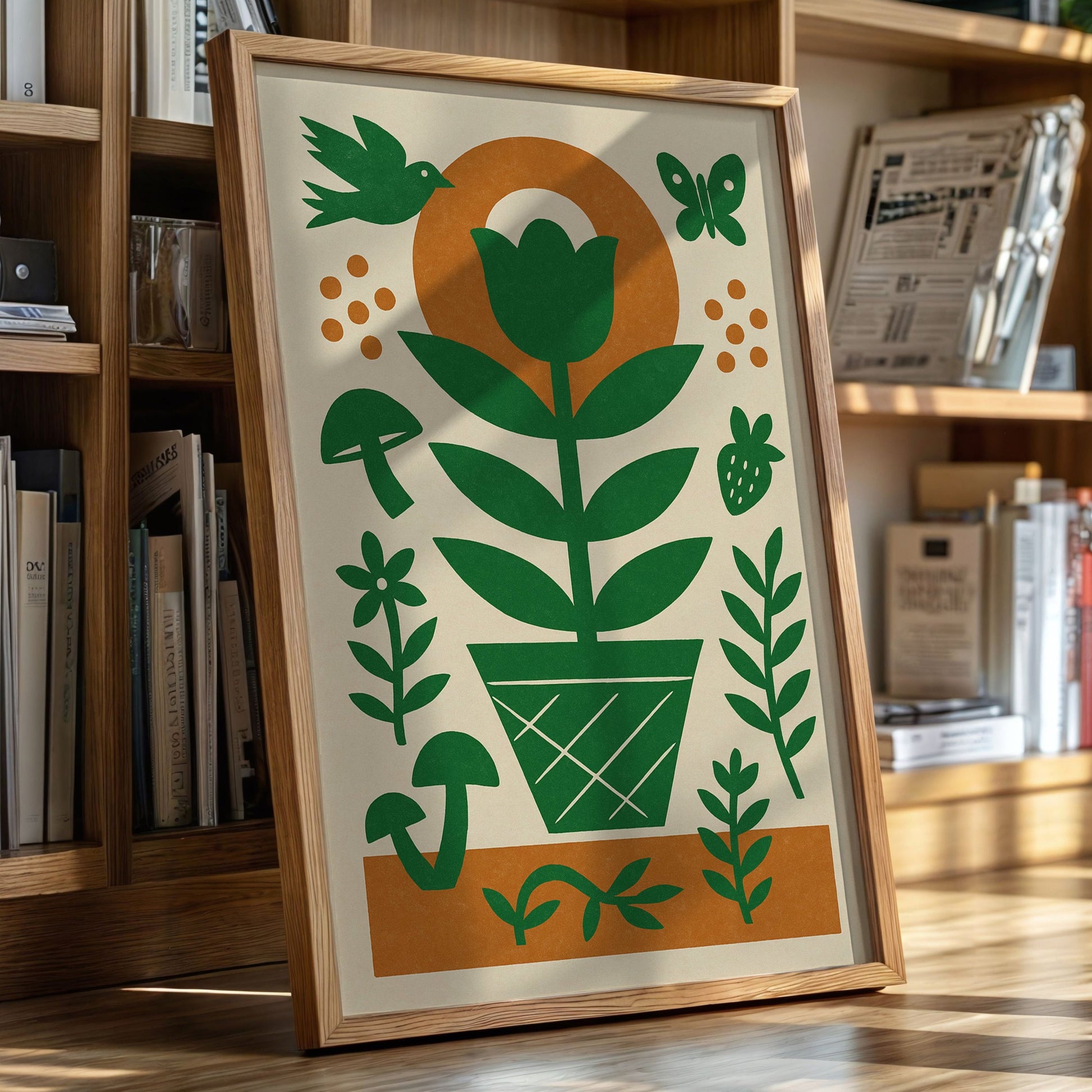 Folk garden wall art print with tulip, bird, butterfly, and mushrooms