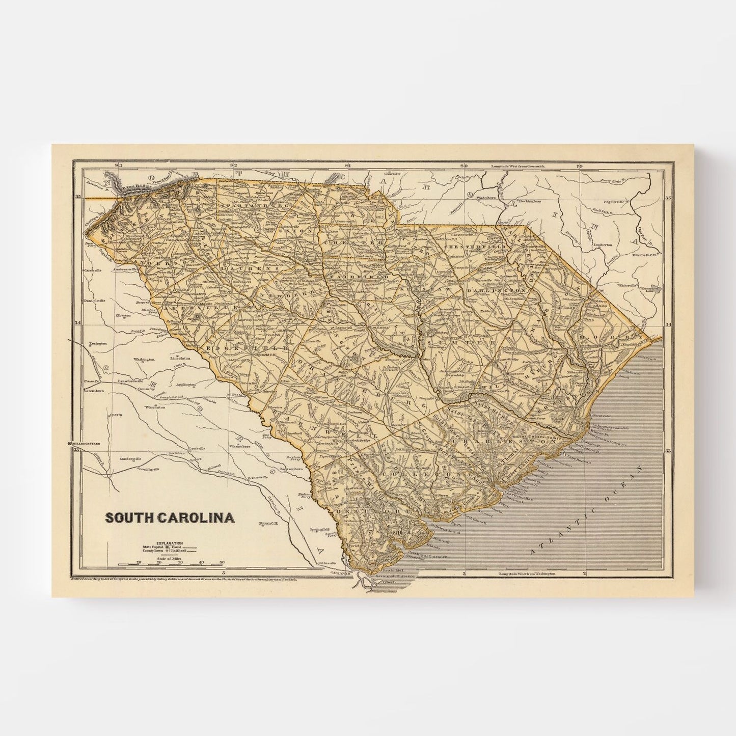 Vintage Map of South Carolina, 1842