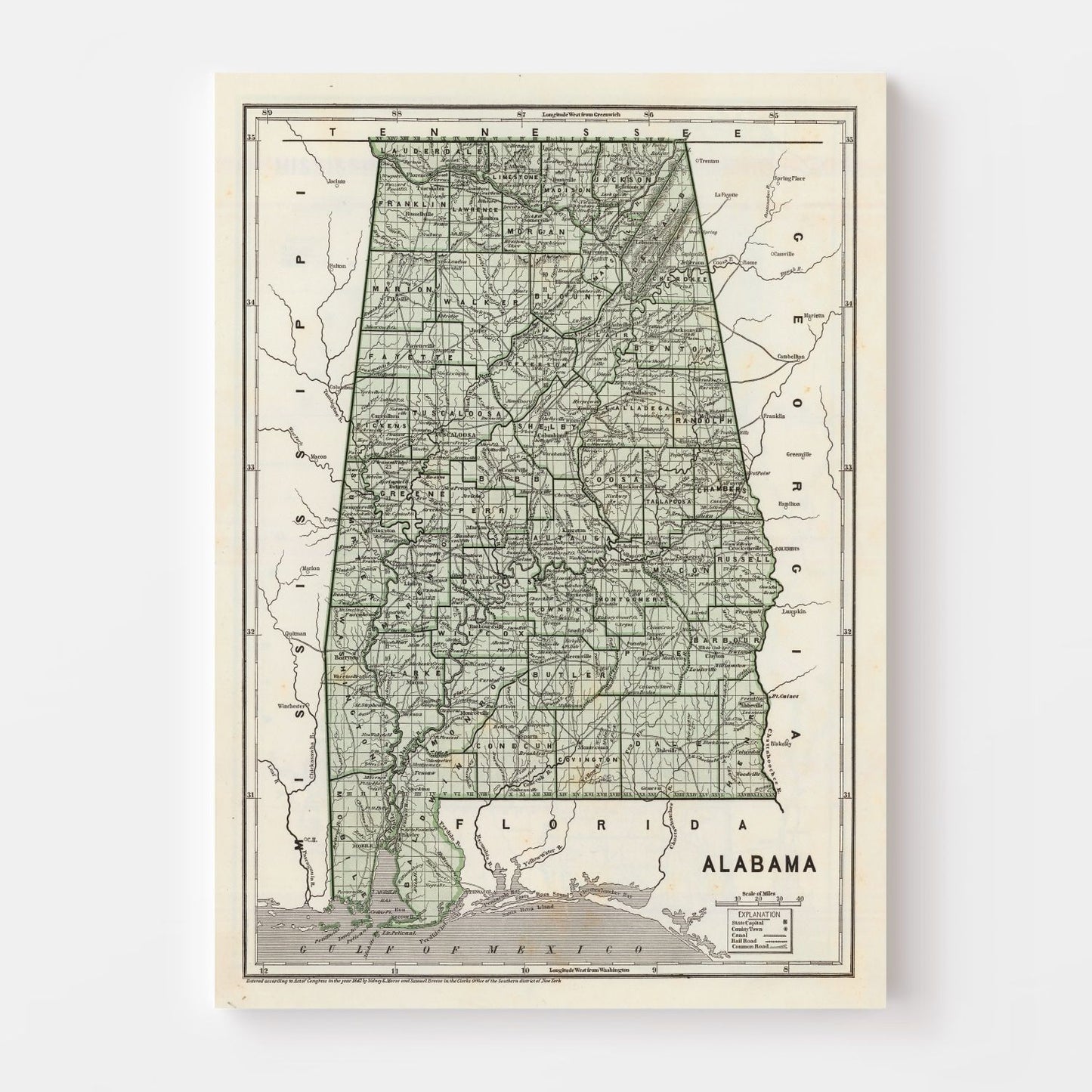 Vintage Map of Alabama, 1842
