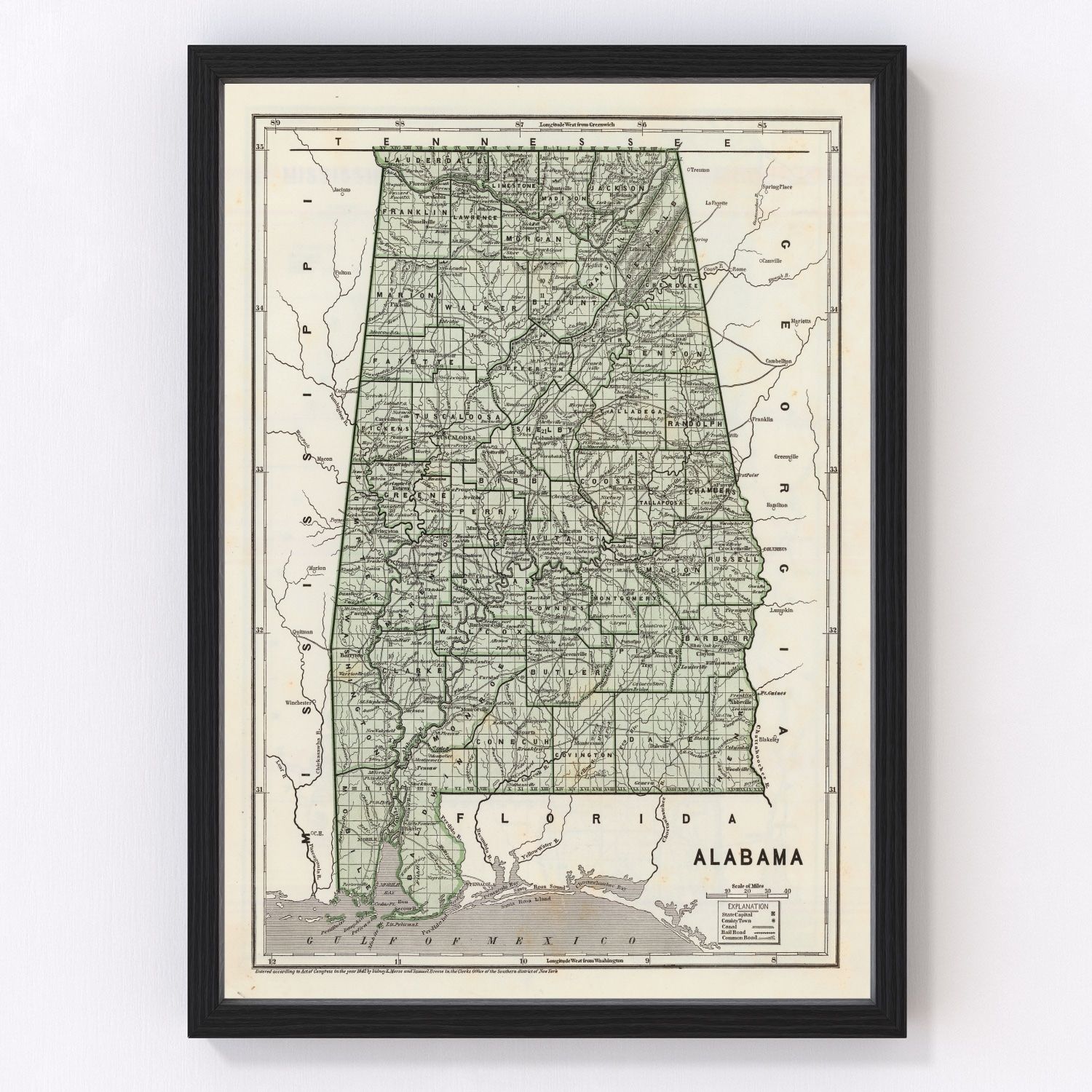 Vintage map of Alabama, 1842 - restored print